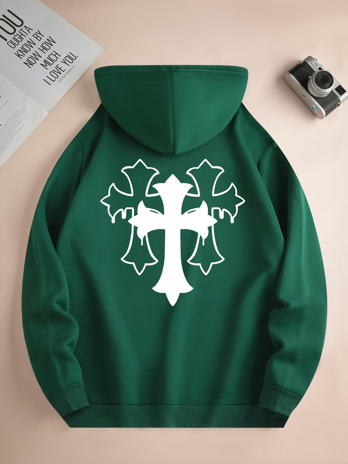 Cross Print Men's Simple Style Pullover Hoodies With Kangaroo Pocket Long Sleeve Hooded Sweatshirt Loose Casual Top For Autumn Winter Men's Clothing As Gifts