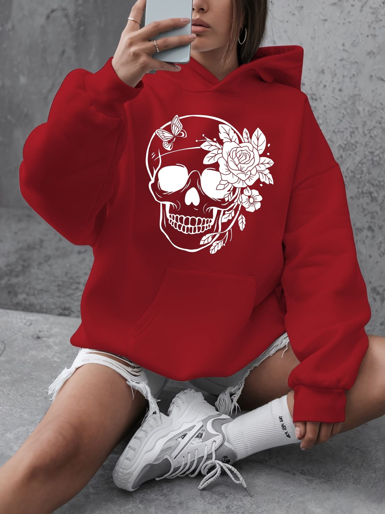 1pc Women'S Plus Size Casual Hoodie with Floral Skull Print, Polyester Knit Sweatshirt, Long Sleeve Pullover with Pockets, Letter Pattern, Round Neck Hooded Top, with Autumn/Winter Fashion