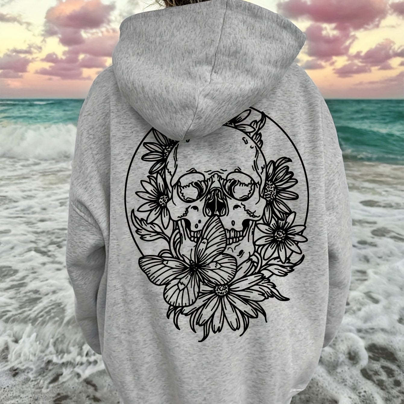 Plus Size Floral Skull Print Hoodie - Casual Oversized Pullover with Long Sleeves, Pocket Detail, Slight Stretch Polyester - Women's Fall/Winter Hooded Knit Sweatshirt