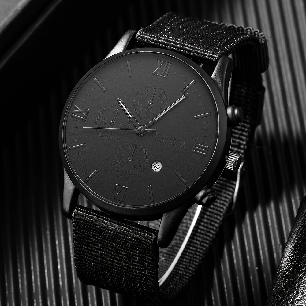 Middle East, Ramadan Men Watch 1pcs Men's Black Nylon Strap Casual Industrial Style Round Dial Calendar Pointer Quartz Watch And 3pcs Bracelets Watch for Men Suitable for Men Party Birthday Wear Or As Brother The Best Gift fo