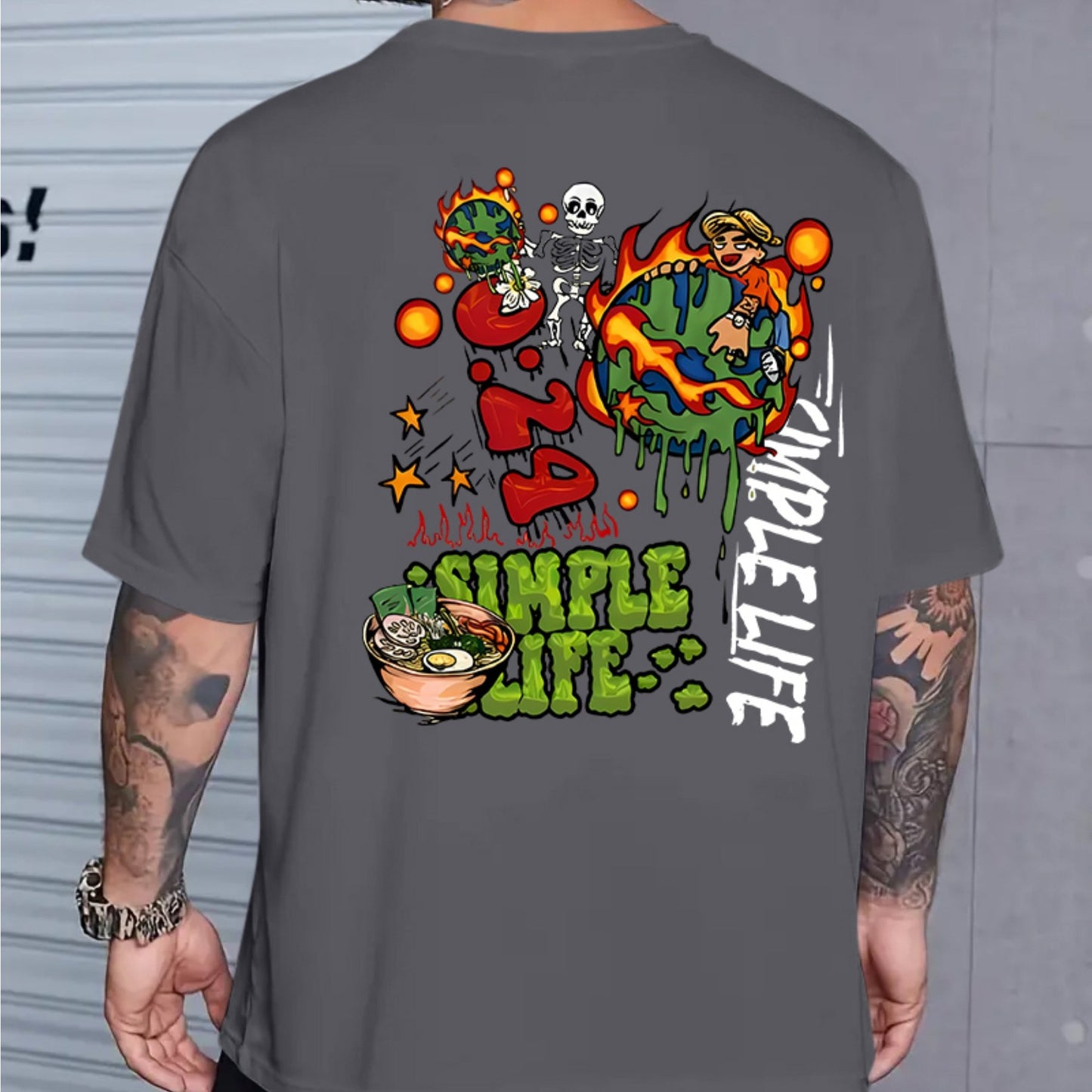 Men's Casual Vintage-Style Earth Skull Graphic Tee - Loose Fit, Breathable Polyester, Machine Washable, Round Neck T-Shirt with Unique Print Design, PLUS SIZE