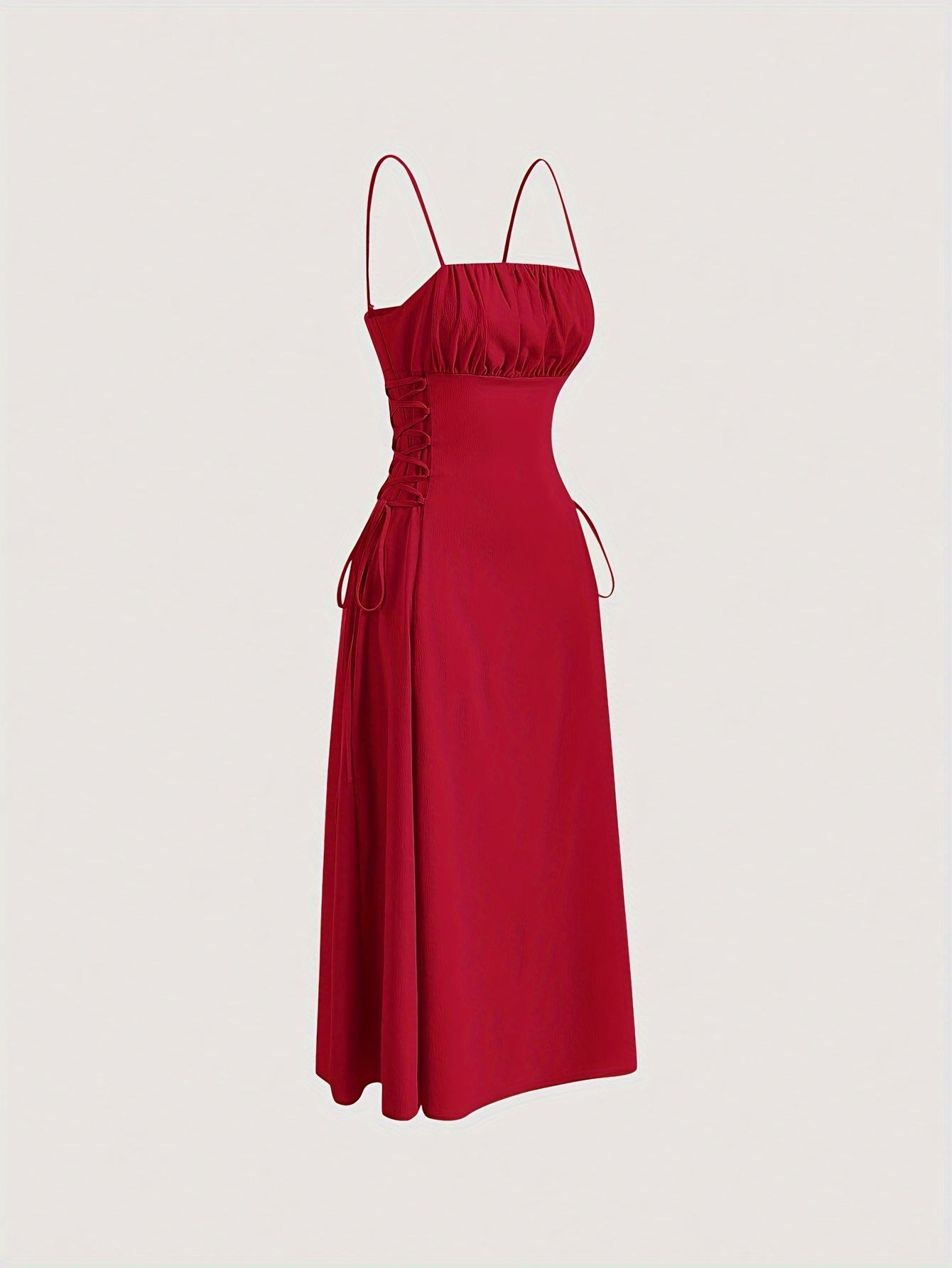 Square Neck Side Tie Dress, Sexy Solid Backless Spaghetti Strap Ruched Cami Dress, Women's Clothing