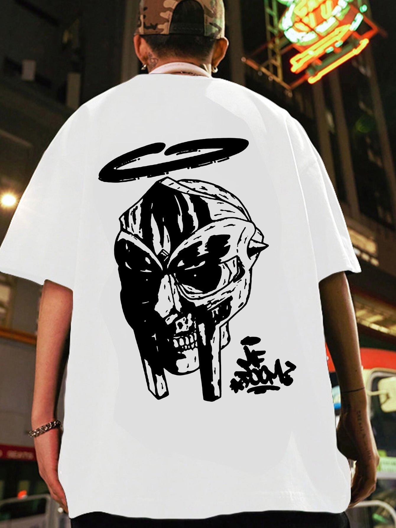 Men's Oversized MF DOOM Mask Graphic Tee - Casual Trendy Summer Black T-Shirt with White Print, 100% Polyester, Machine Washable, Vacation Style, H Version, Leisure Outing Occasion, Summer