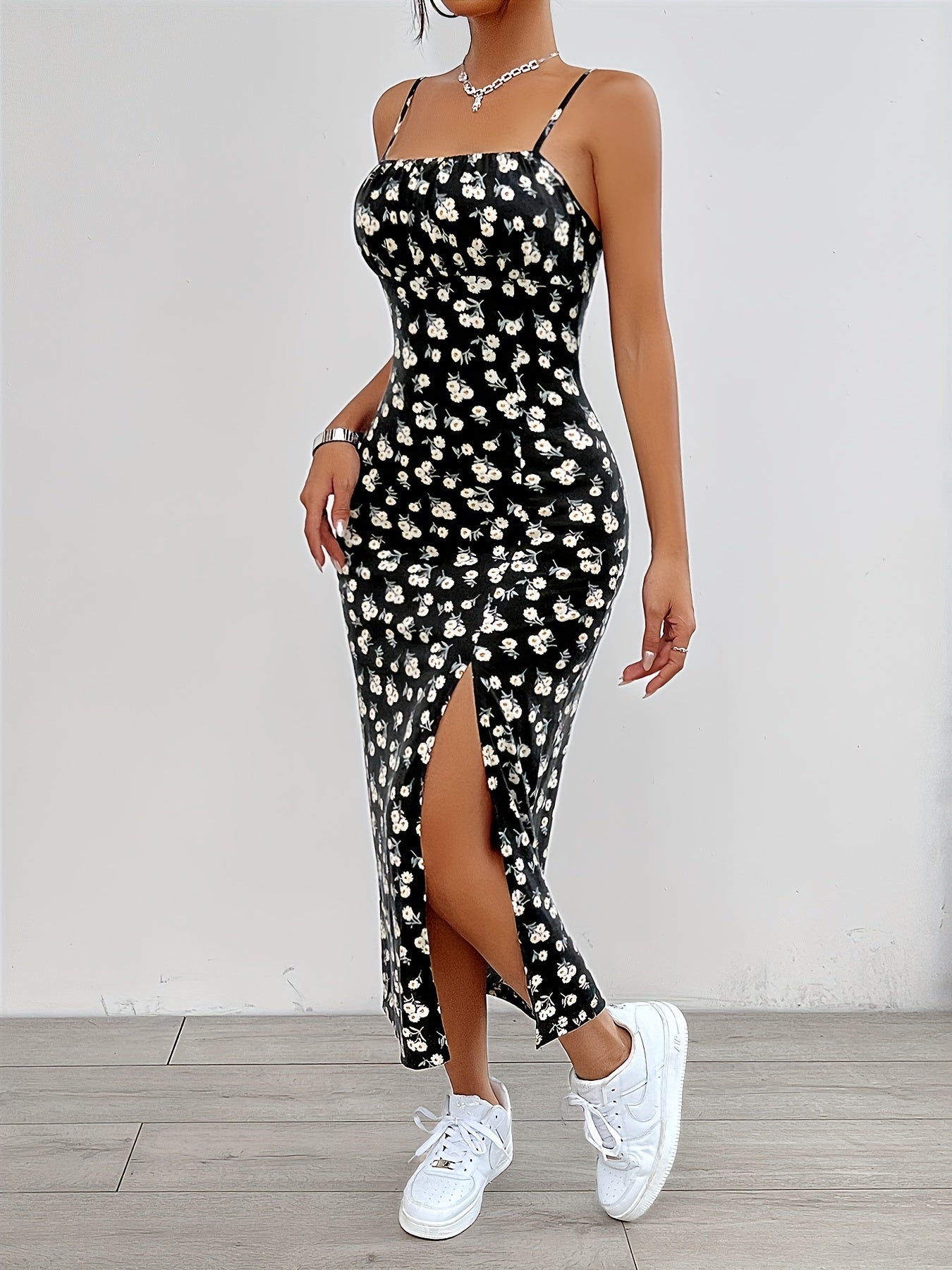 Elegant Floral Print Split-Thigh Cami Dress - Chic Spaghetti Strap, Stretchy Polyester Blend, Machine Washable - Perfect for Spring/Summer