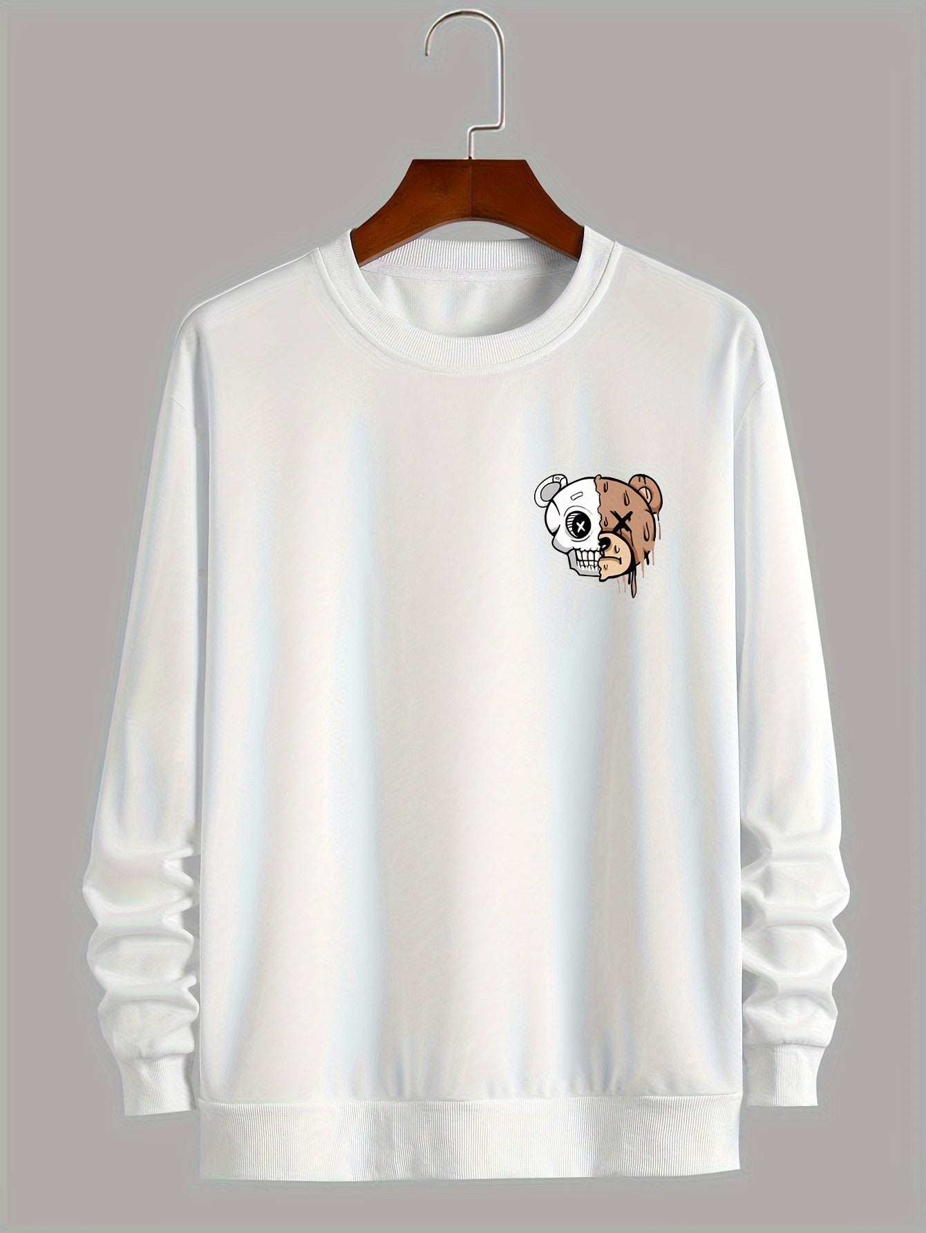 Melted Skull Bear Printed Men's Crew Neck And Long Sleeve Sweatshirt, Casual Style, Breathable, Comfortable, Stylish Street Fashion Pullover Sweatshirt
