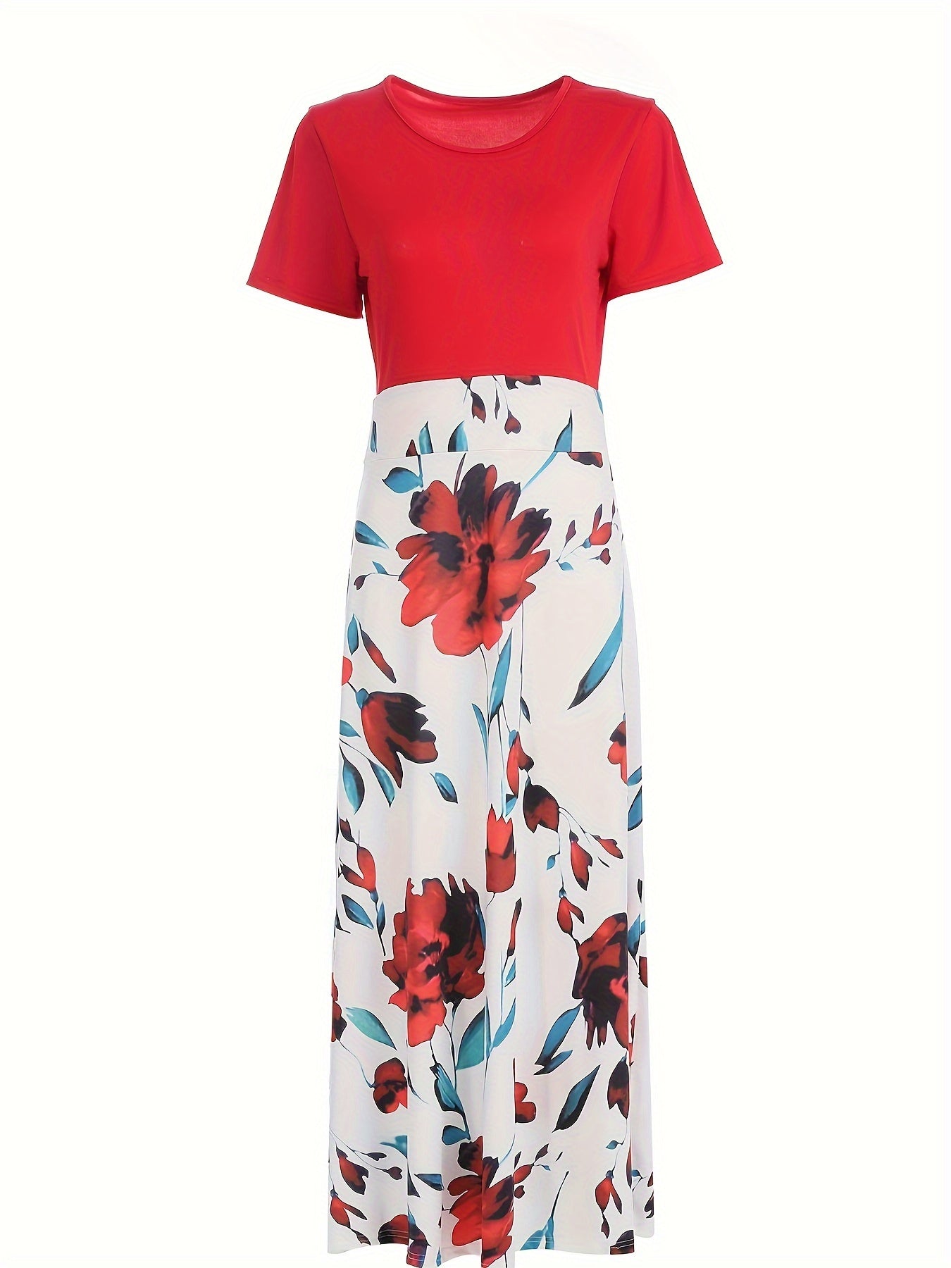 Floral Print Splicing Maxi Dress, Casual Crew Neck Short Sleeve Dress For Spring & Summer, Women's Clothing