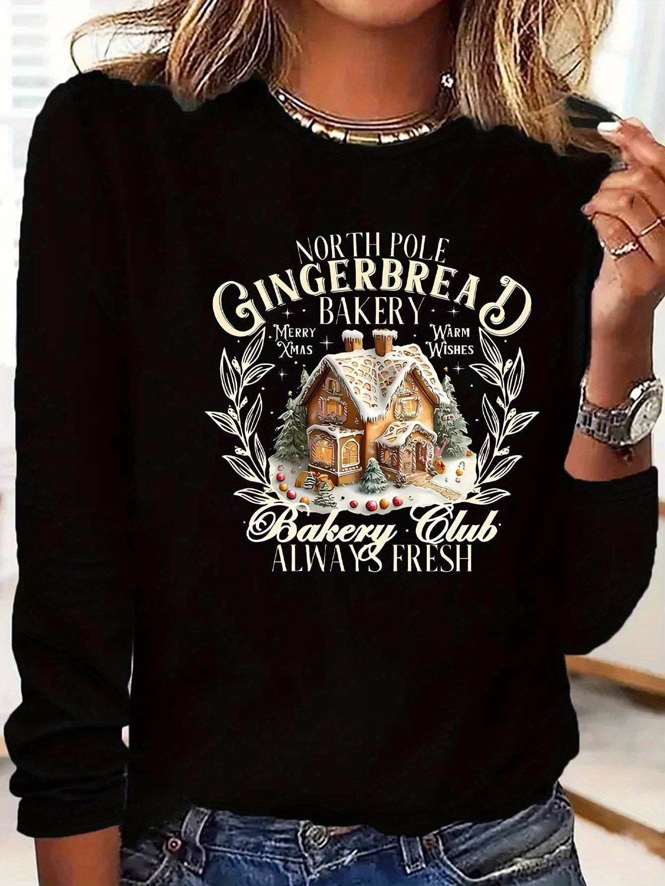 1pc Elegant North Pole Gingerbread House Graphic Long Sleeve T-Shirt, Crew Neck Polyester Knit Fabric, Casual Streetwear for All Seasons