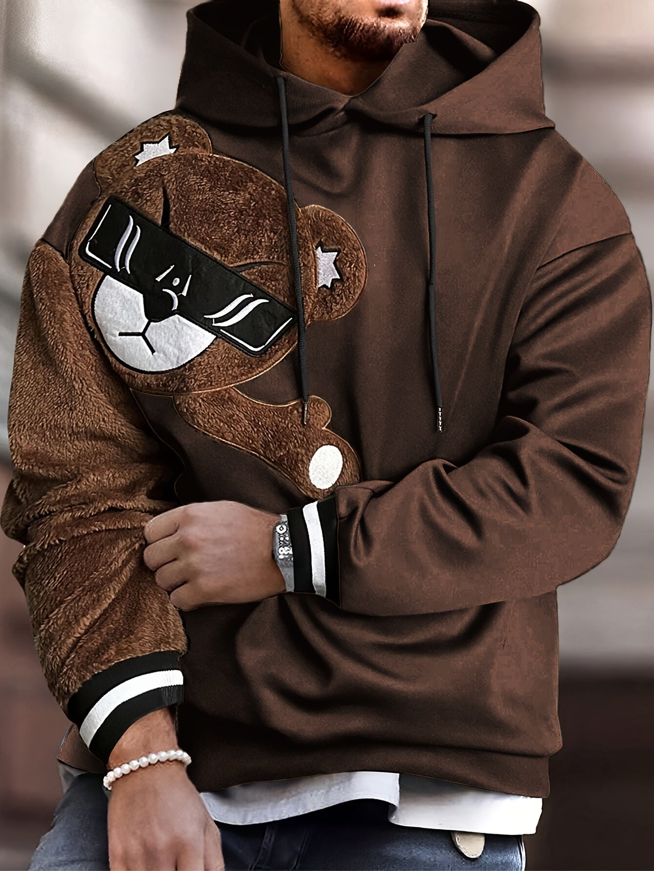 Men's Color Block Bruin Graphic Print Hoodie, Casual Long Sleeve Hooded Sweatshirt For Fall Winter Outdoor