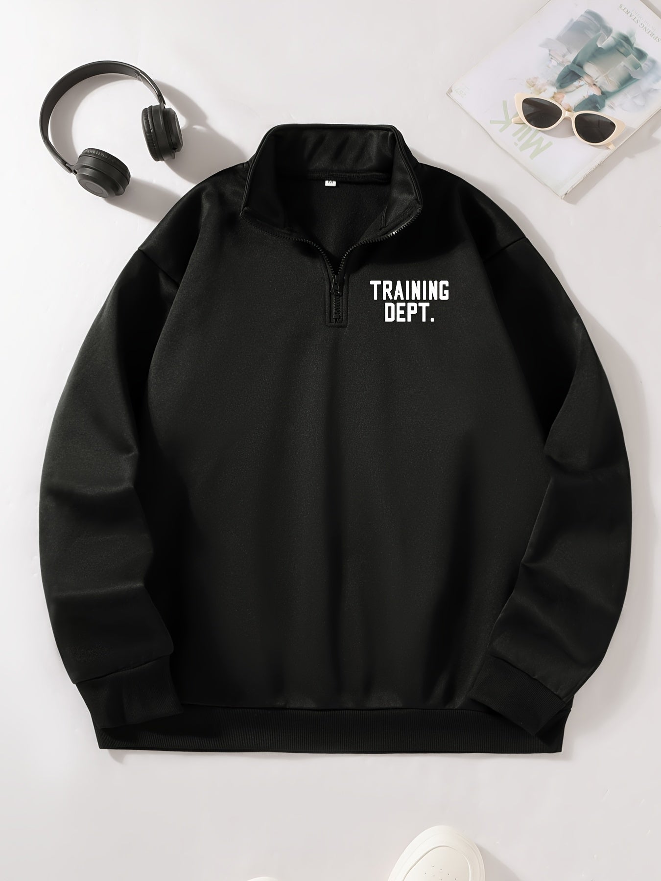 Flame & Letter Print Hoodie - Casual Long Sleeve Pullover with Half-Zip Stand Collar, Polyester Blend, Machine Washable - Perfect for Fall/Winter
