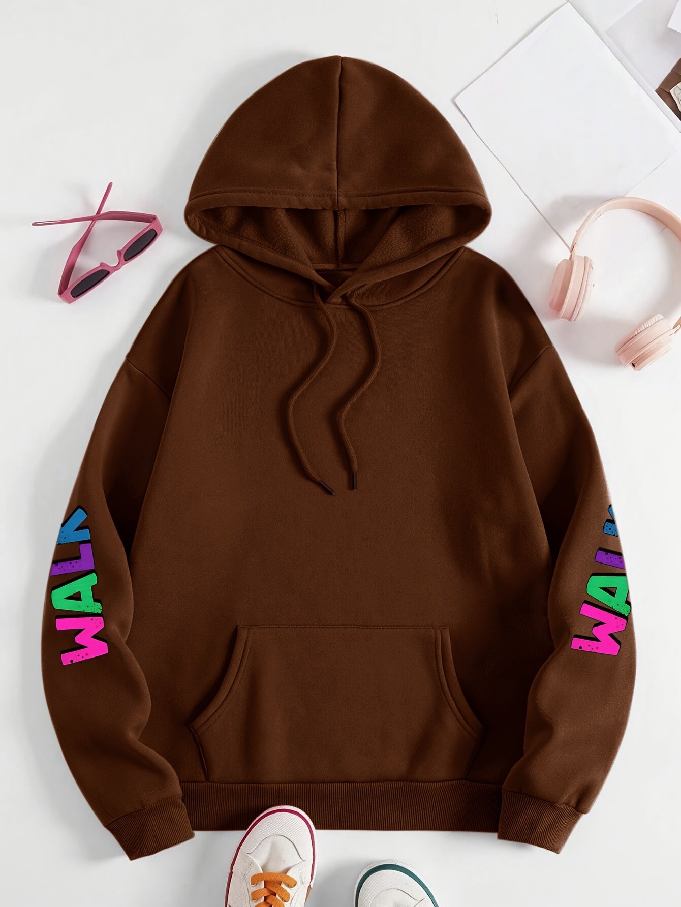 Plus Size Women's Hoodie with Colorful Walk Shoes Print - Casual Long Sleeve Pullover with Pocket, Cozy Polyester Hooded Sweatshirt for Fall & Winter, Fall Fashion Hoodie|Vibrant Shoe Design|Machine Washable Top