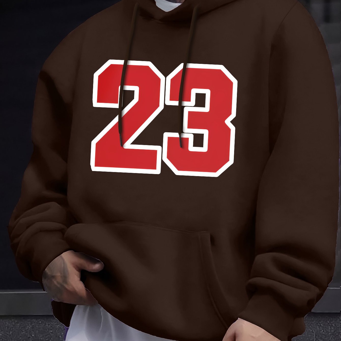 Men's Casual Hooded Sweatshirts with Geometric Number Pattern - Knit Fabric Polyester Blend with Slight Stretch, Hoodie for Spring/Fall Season - Regular Fit Pullover with Hood - Polyester 95%, Elastane 5%