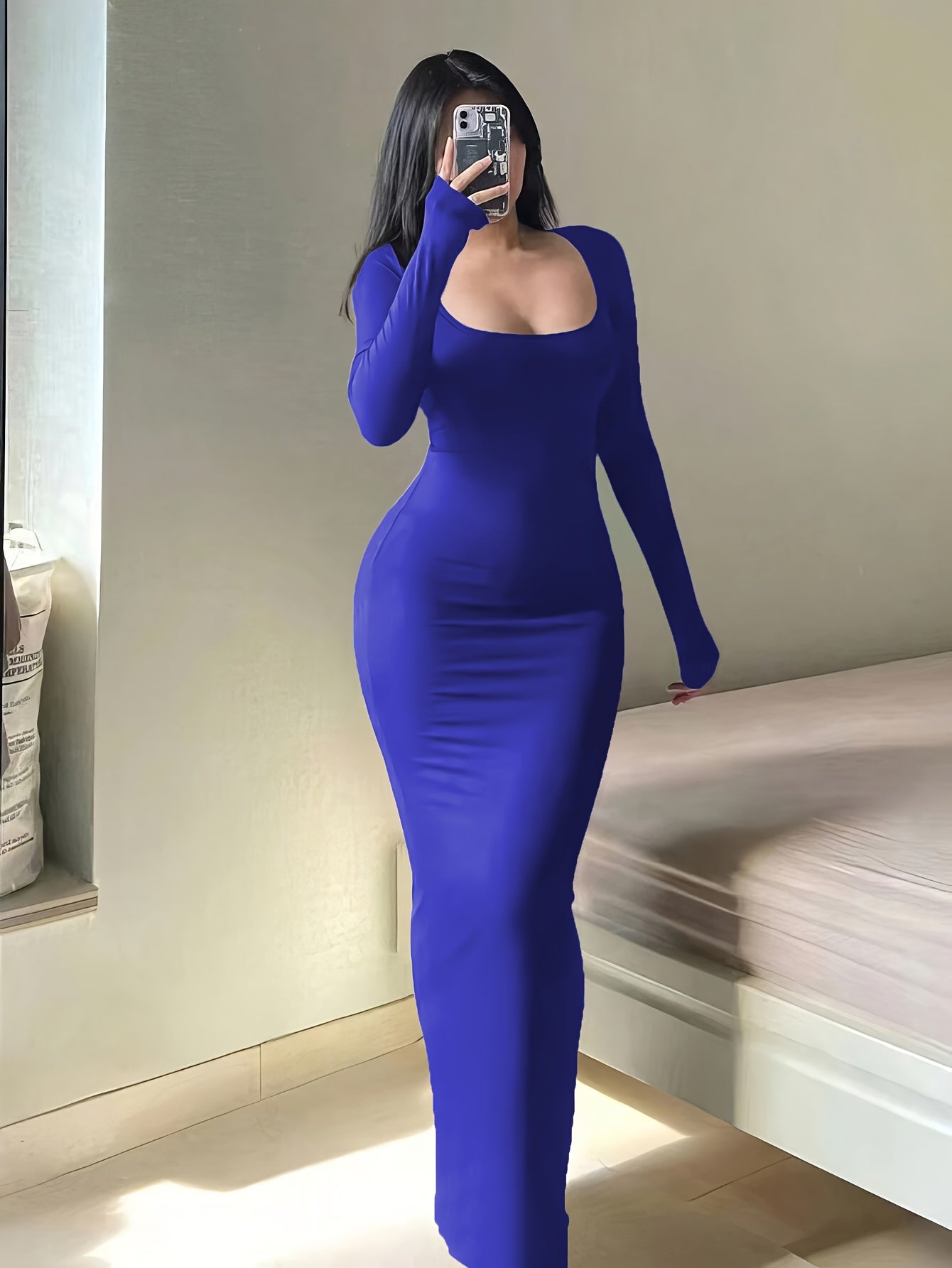 Form-Fitting, Ultra-Long Women'S Autumn Dress with Long Sleeves, Square Neckline, A-Line Silhouette, And a Sexy, Tailored Fit.