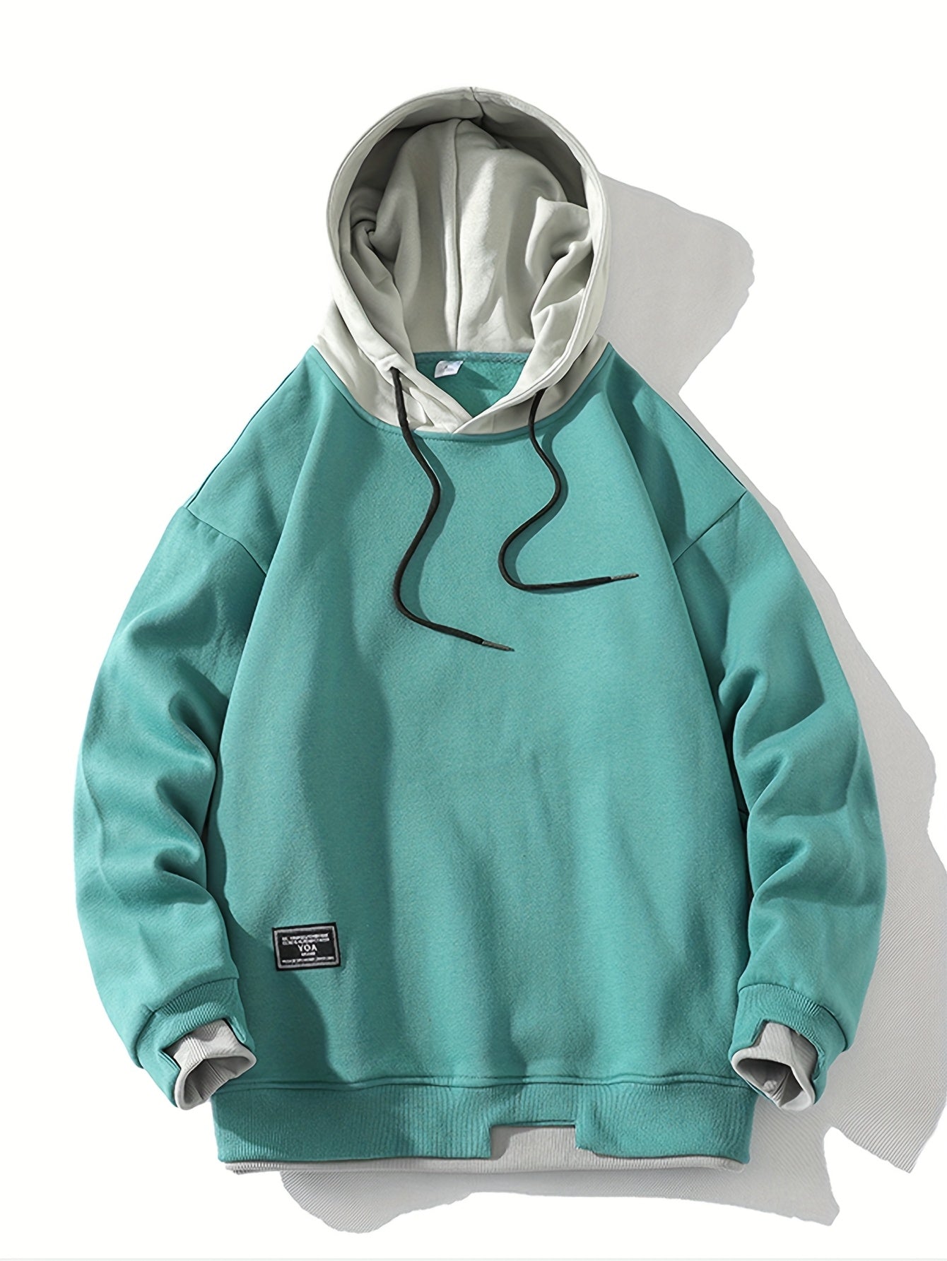 Men'S Fashion Casual Hooded Sweatshirt, 100% Polyester Knit Fabric, Long Sleeve, Loose Fit Pullover with Geometric Applique Design, Medium Stretch, for Spring/Autumn Trendy Streetwear
