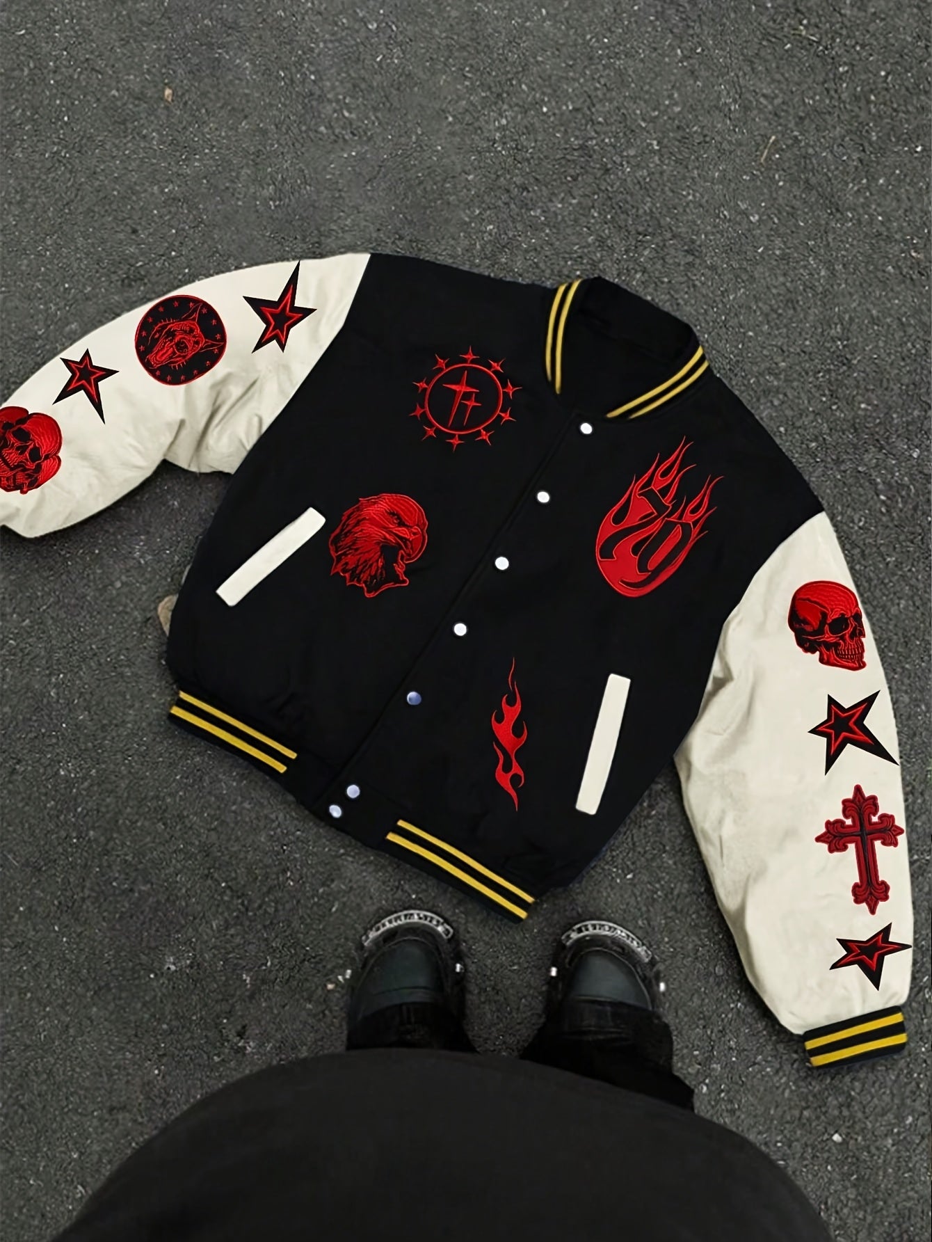 Men's Casual Baseball Jacket with Skull & Flame Design - Lightweight, Polyester, Button-Up Outerwear for Spring/Fall, School & Sports Style, Loose, Outdoor Sports, College Style, Movement Style, Leisure Style, Leisure Outing