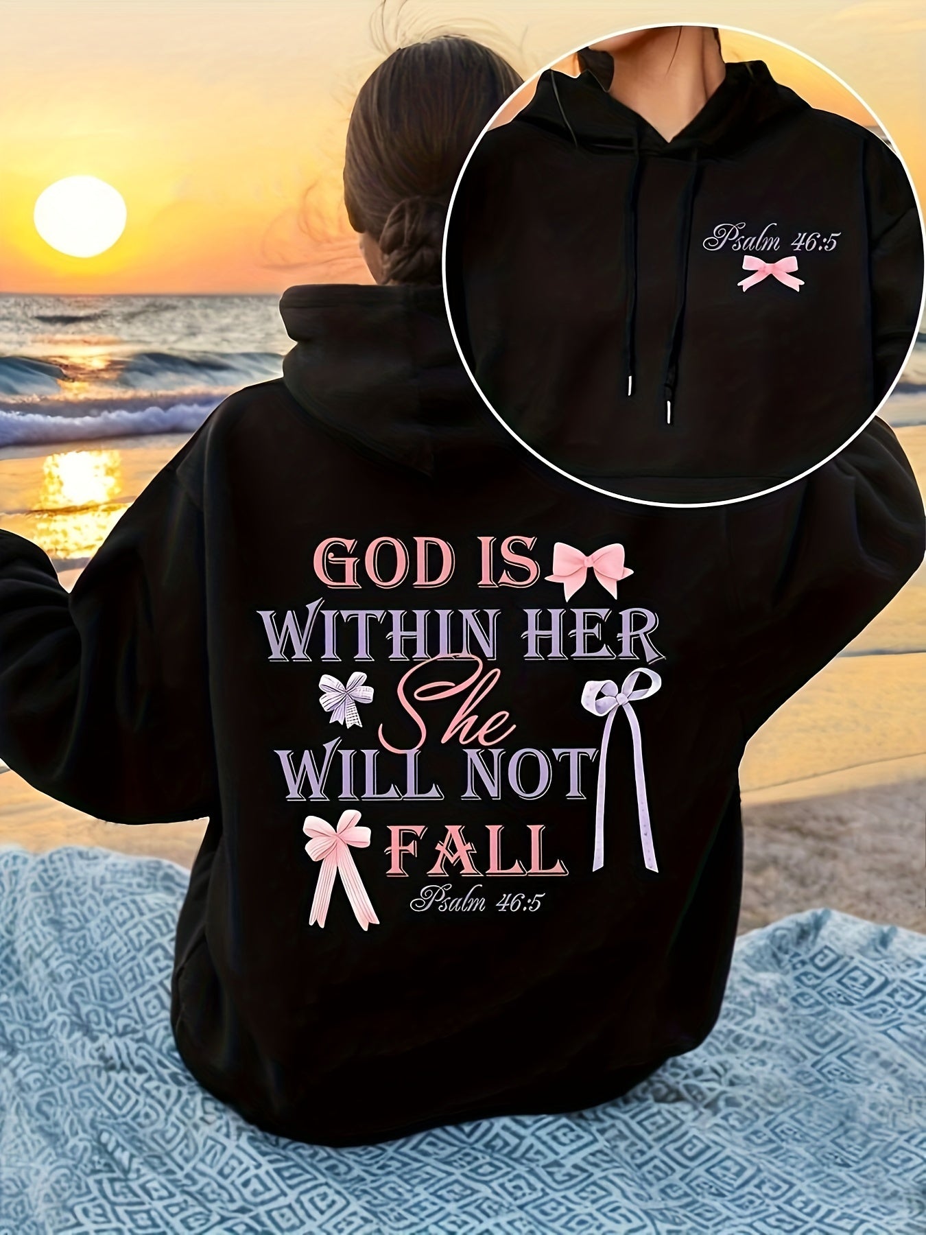 Women's Inspirational Quote Hoodie with Psalm 46:5 - Casual Style Polyester Knit Hooded Sweatshirt with Floral Design - All Season Comfort Pullover