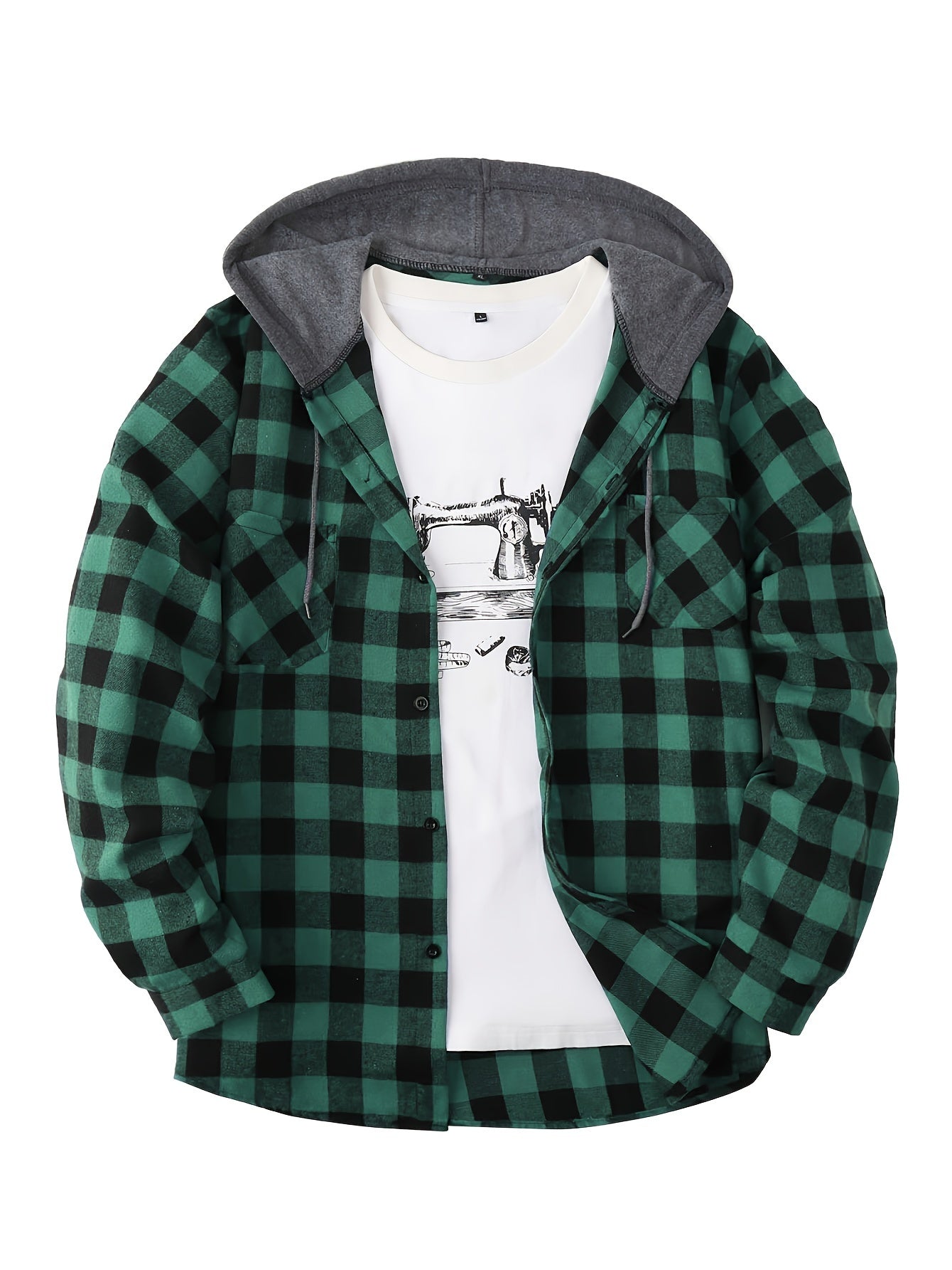 Fashionable Design Men's Plaid Pattern Hooded Long Sleeve And Button Up Shirt Jacket With Pockets, Chic And Trendy Hoodie Jacket For Outdoors Leisurewear