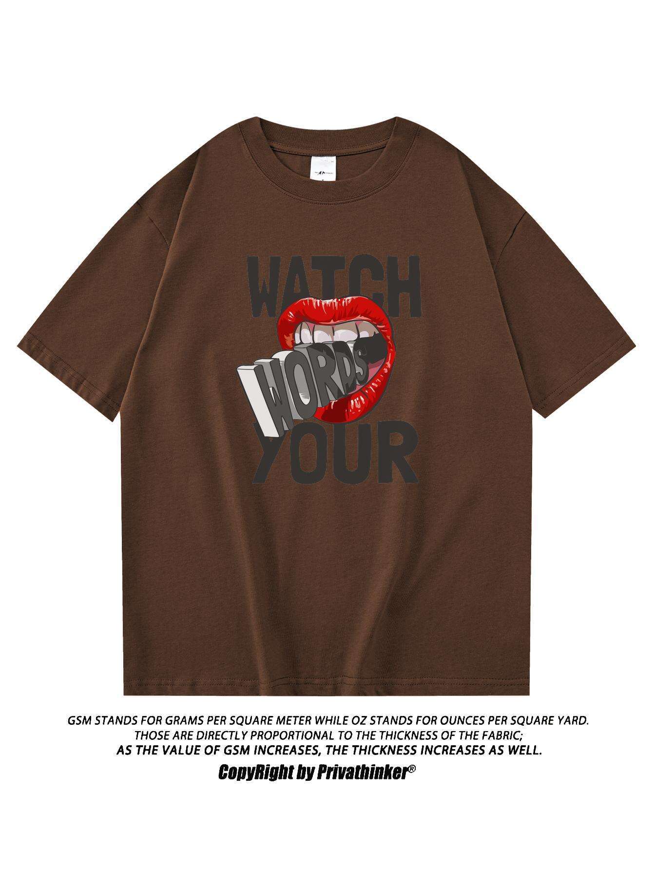 PRIVATHINKER "Watch Your Words" Graphic Tee for Men - Oversized, 100% Cotton, Short Sleeve, Casual Summer Streetwear with Red Lip & Lightning Bolt Design, Machine Washable