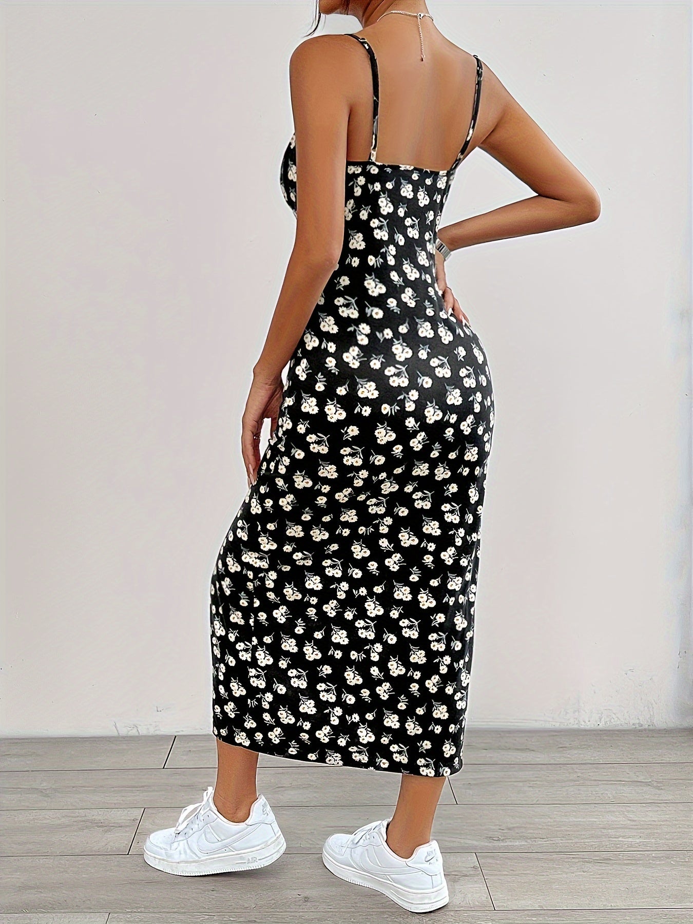 Elegant Floral Print Split-Thigh Cami Dress - Chic Spaghetti Strap, Stretchy Polyester Blend, Machine Washable - Perfect for Spring/Summer