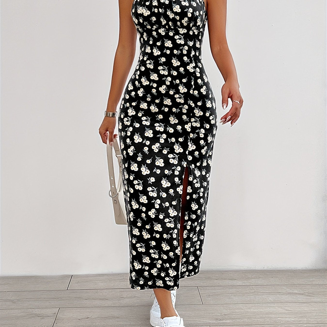 Floral Print Spaghetti Strap Dress, Elegant Sleeveless Cami Split Hem Dress For Spring & Summer, Women's Clothing