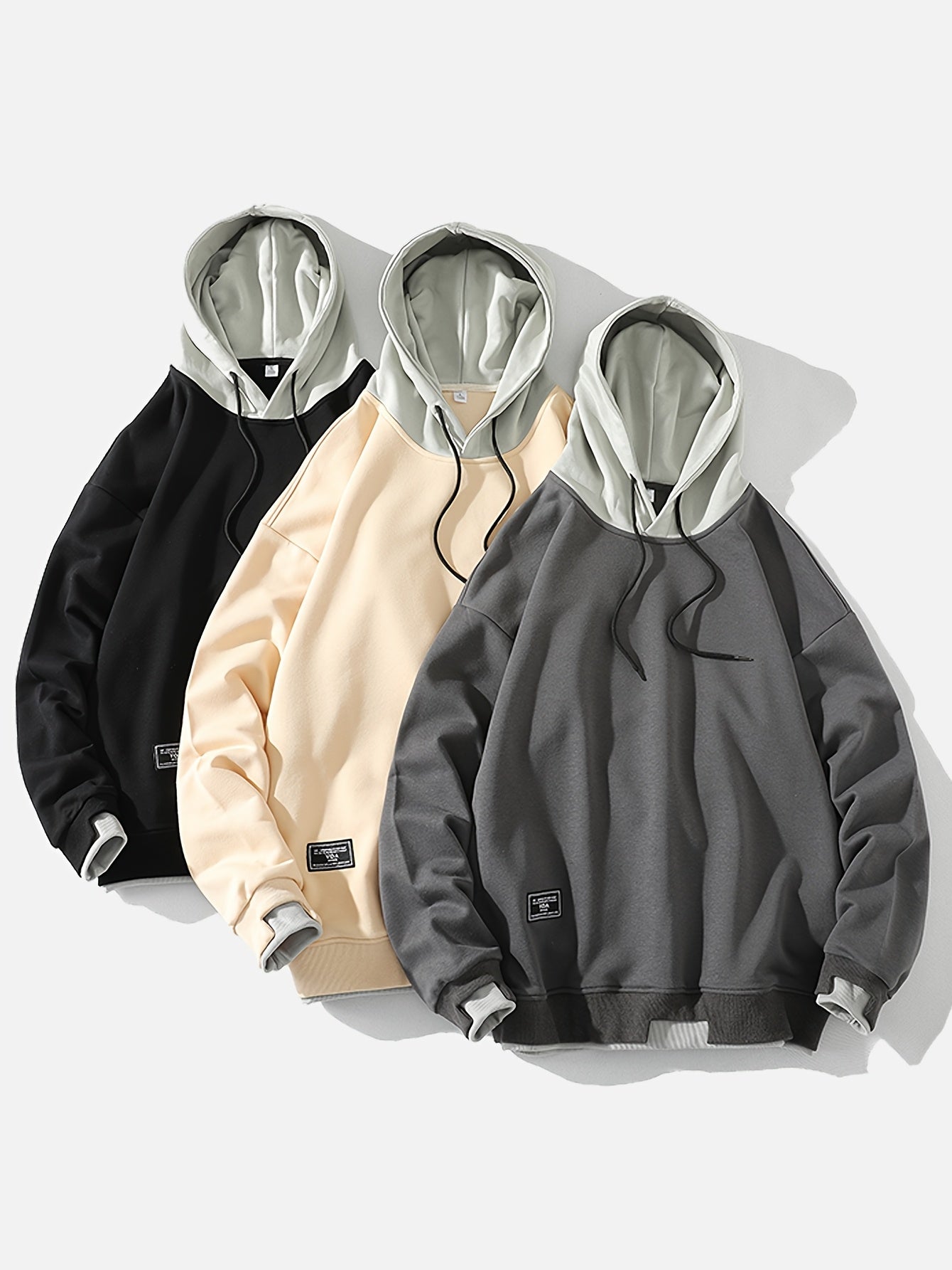 Men'S Fashion Casual Hooded Sweatshirt, 100% Polyester Knit Fabric, Long Sleeve, Loose Fit Pullover with Geometric Applique Design, Medium Stretch, for Spring/Autumn Trendy Streetwear