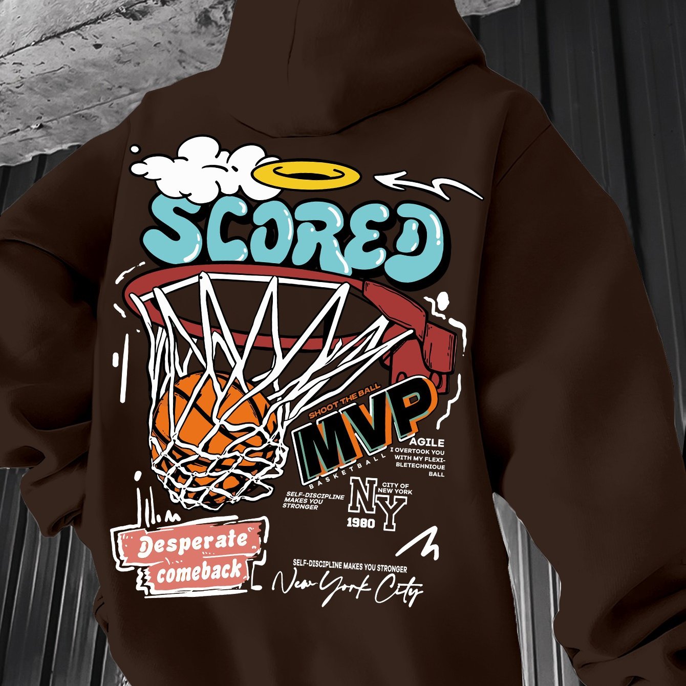 Spring/Fall Casual MVP Basketball Graphic Hoodie for Men - Knitted Fabric Regular Fit with Slight Stretch - Polyester & Elastane Blend, Geometric-Pattern, Hooded Pullover - Fashion Sportswear