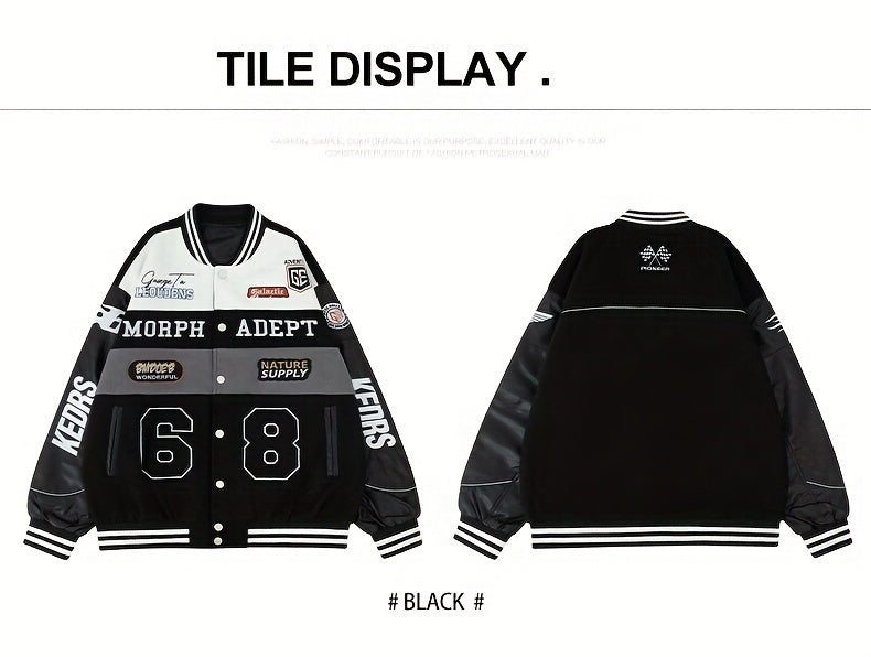 Men'S Daily Patchwork Polyester Varsity Jacket Stylish Retro Embroidered Long Sleeve Baseball Coats Casual Unisex Loose Outdoor Outerwear