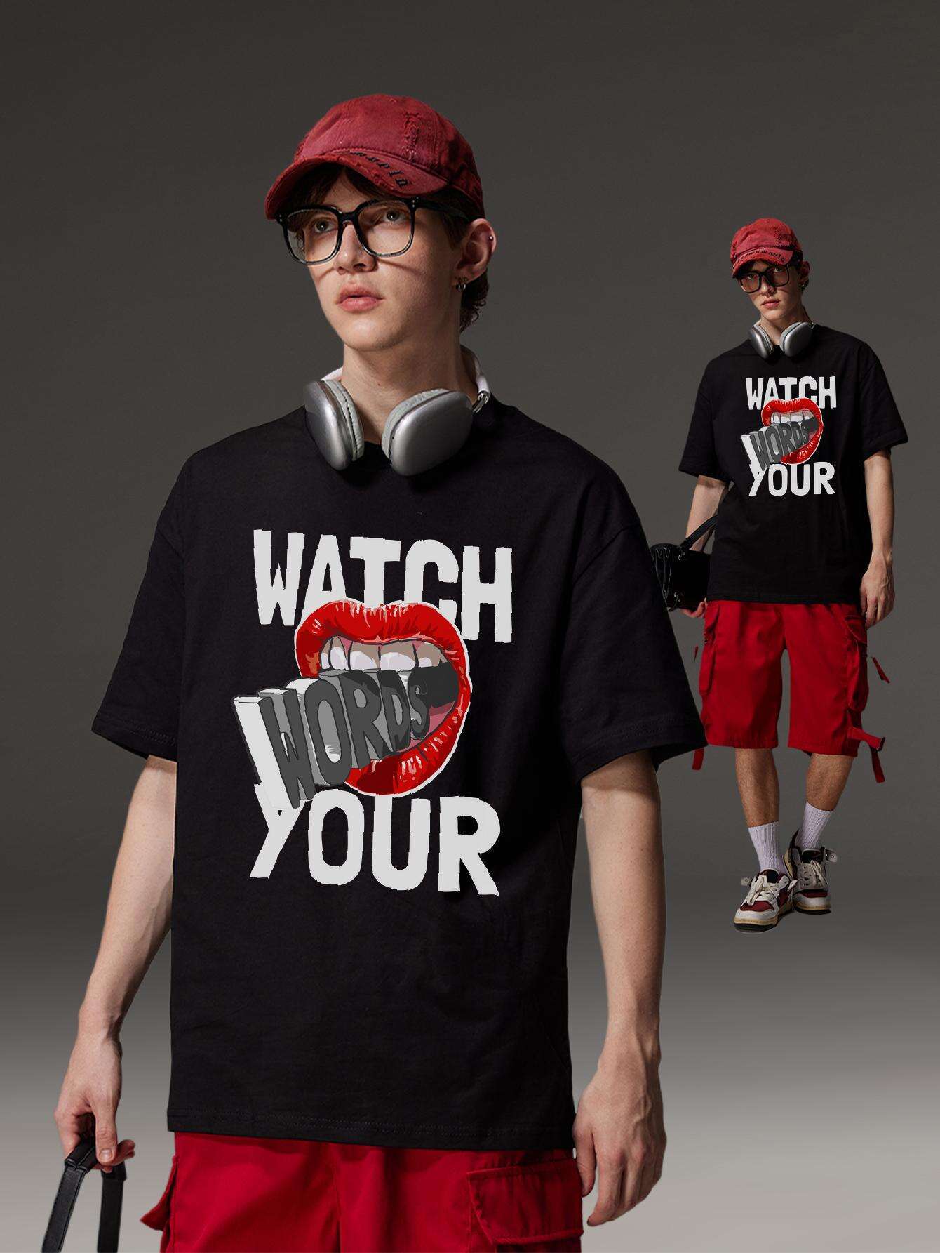 PRIVATHINKER "Watch Your Words" Graphic Tee for Men - Oversized, 100% Cotton, Short Sleeve, Casual Summer Streetwear with Red Lip & Lightning Bolt Design, Machine Washable