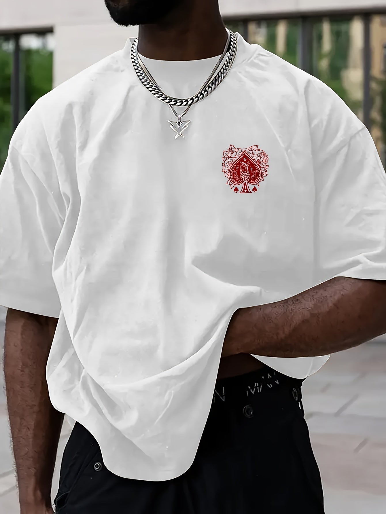 Men's Casual Hip-Hop Street Style Death Skull Ace of Spades Print T-Shirt - Loose Fit, Round Neck, Polyester Knit Fabric, Summer Collection