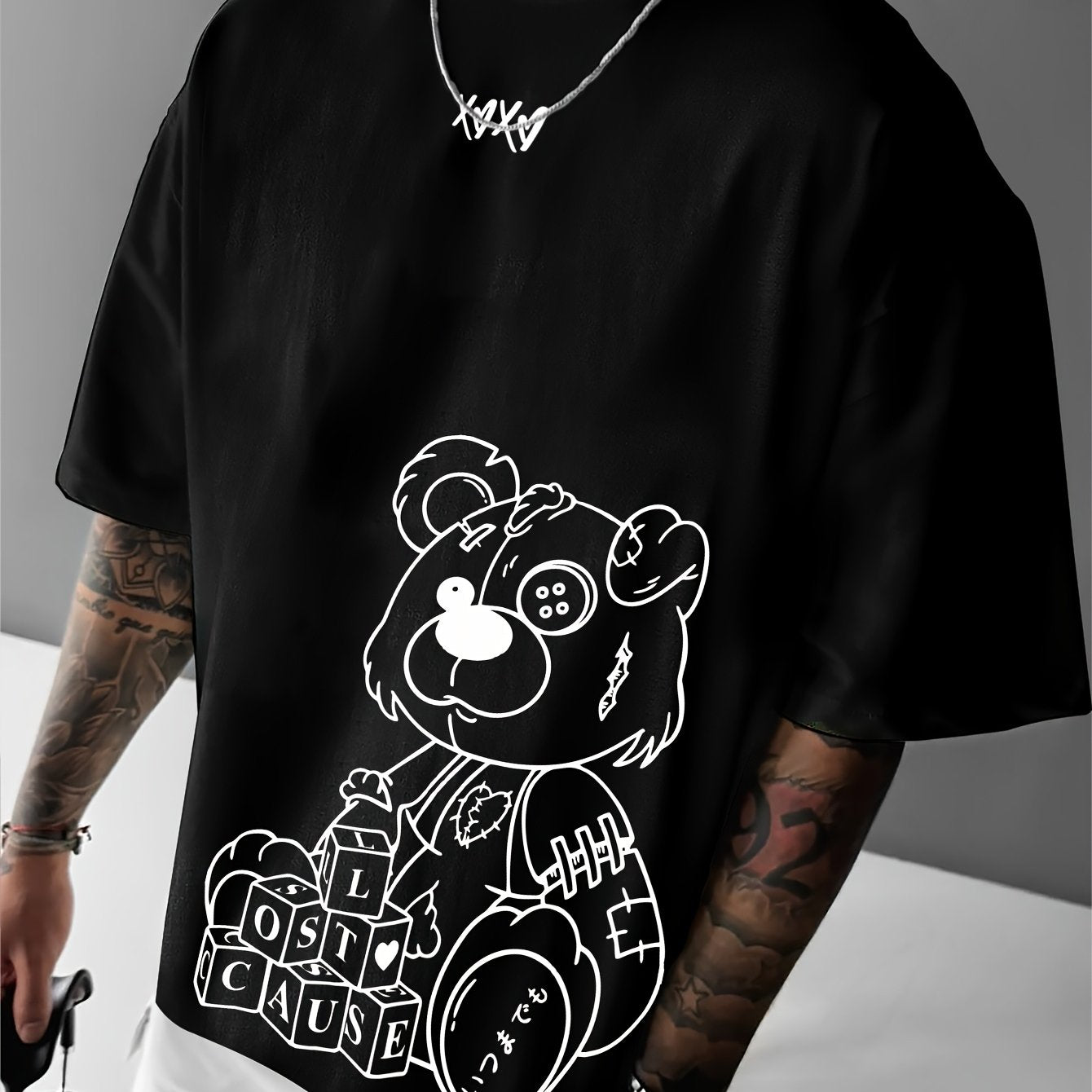Men'S Casual Loose Short-Sleeve T-Shirt with a Bear Pattern Print.