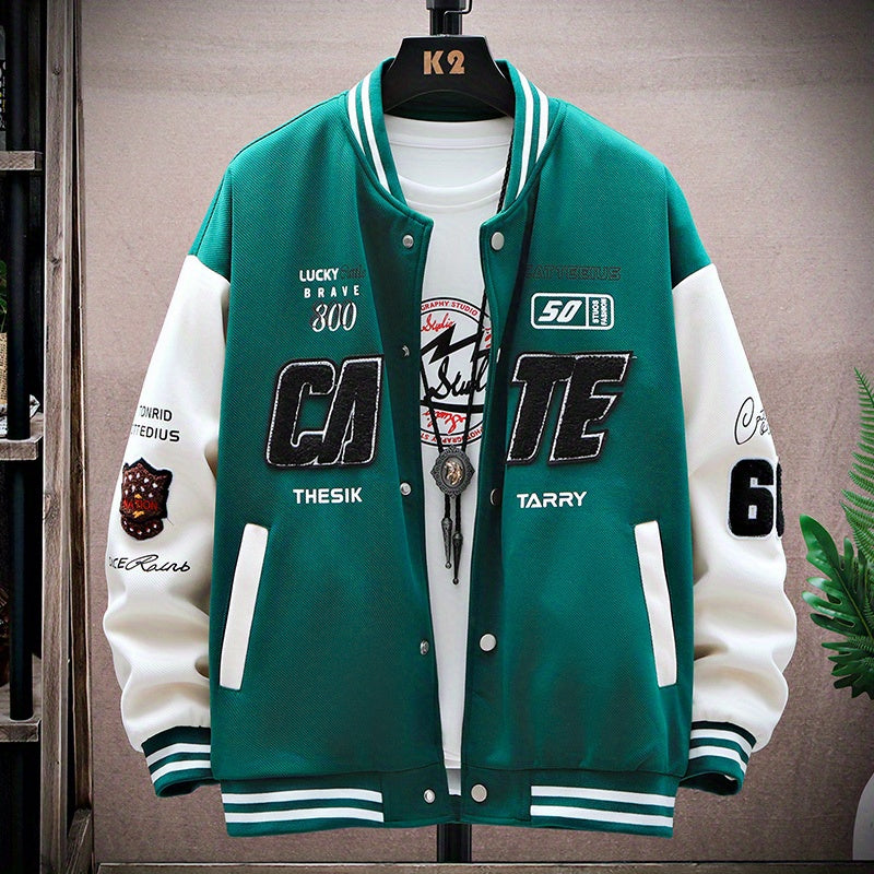 Letters Print Preppy Varsity Jacket, Men's Casual Long Sleeve Striped Button Down Baseball Jacket With Pockets For Winter Fall
