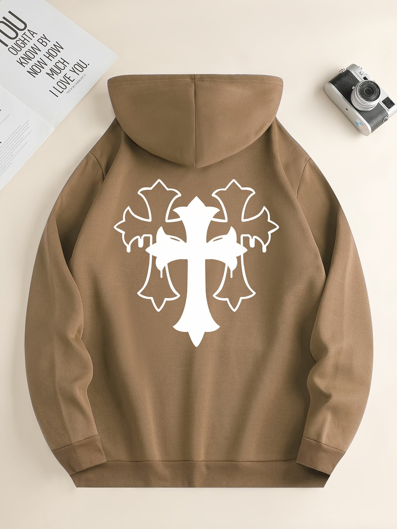 Cross Print Men's Simple Style Pullover Hoodies With Kangaroo Pocket Long Sleeve Hooded Sweatshirt Loose Casual Top For Autumn Winter Men's Clothing As Gifts
