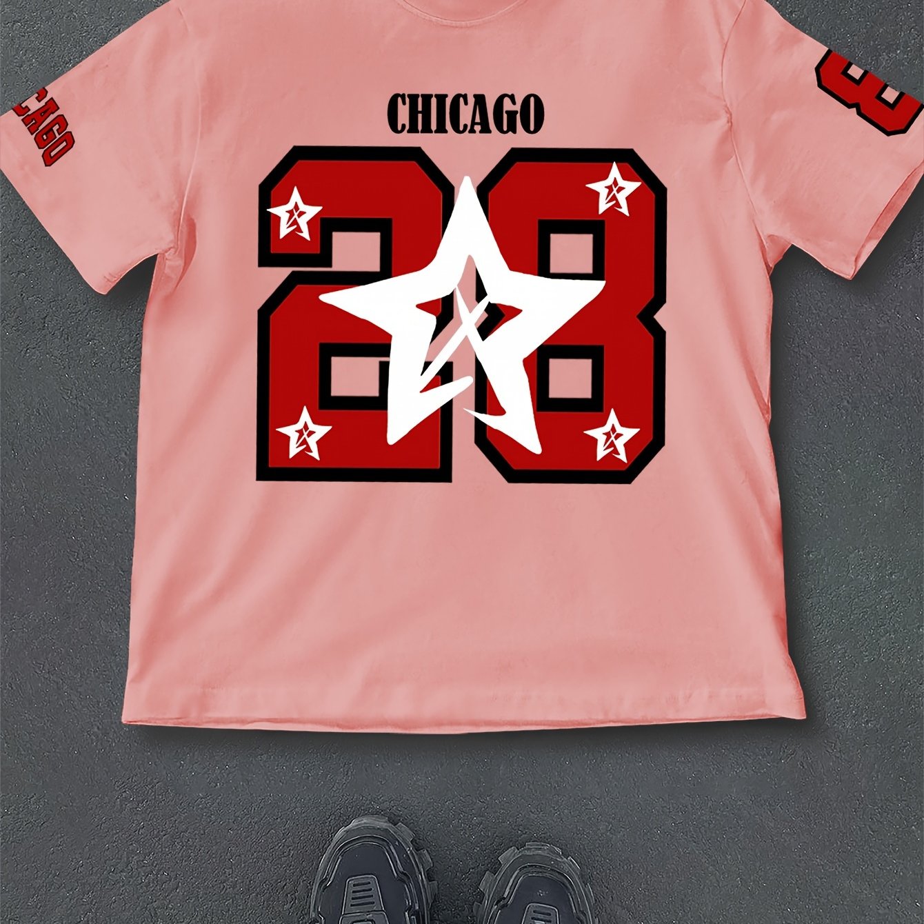 Men's Casual Summer T-Shirt with Printed Lettering and Numbers, Loose Fit, Polyester Knit Fabric, Round Neck, Short Sleeve