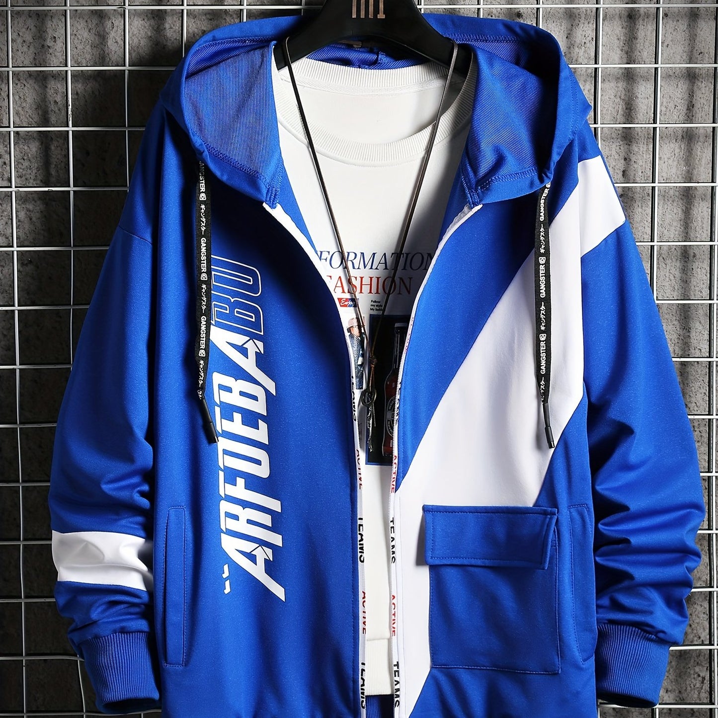 Men's Casual Hoodie with Geometric Print - Cozy & Warm Zip-Up Jacket for Fall/Winter, Polyester Blend, Young Fashion, Sports