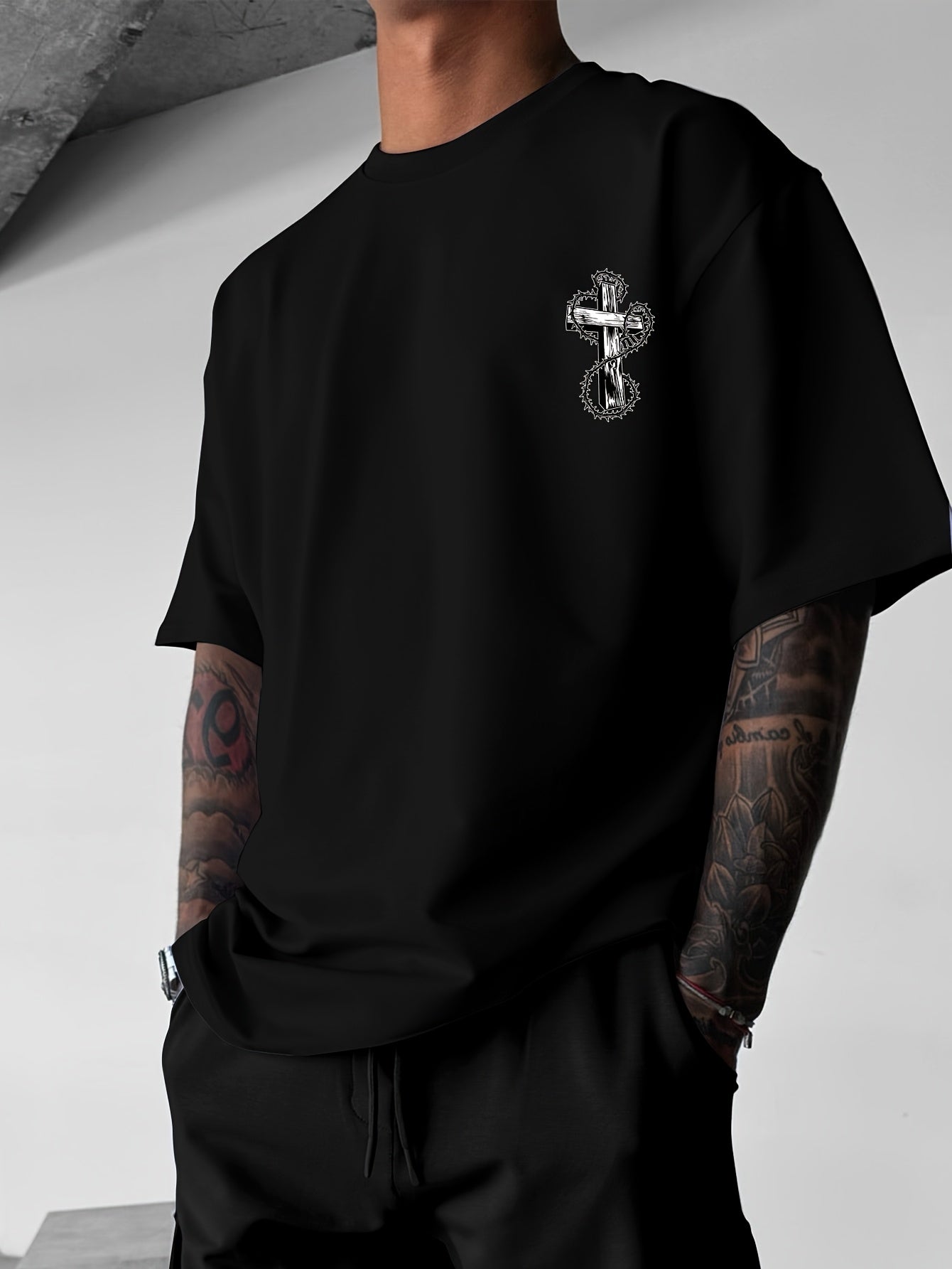 Y2K-Inspired Men's T-Shirt with Winged Cross Design - Casual Streetwear, Breathable Polyester, Summer Outdoor Fashion