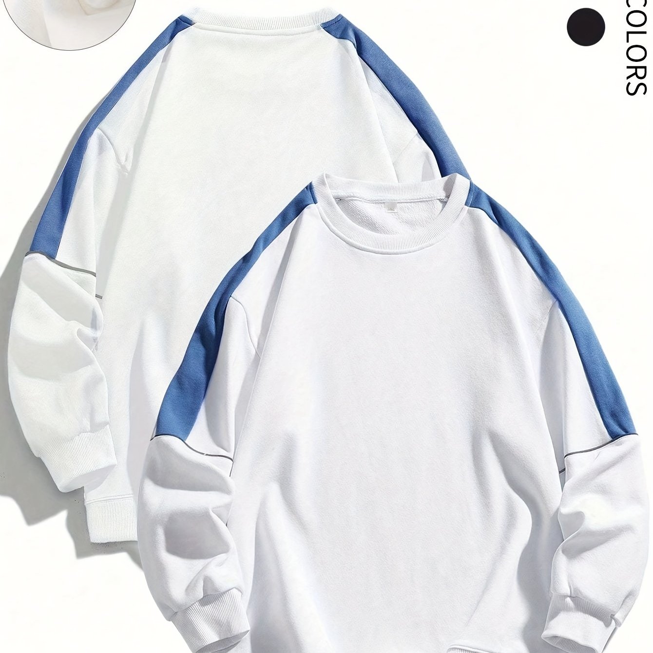 1pc Men'S Fashion Color Block Crew Neck Sweatshirt, Casual High-Weight Long Sleeve Pullover with Contrast Shoulder Sleeves, 100% Polyester Jersey Knit Fabric, Regular Fit