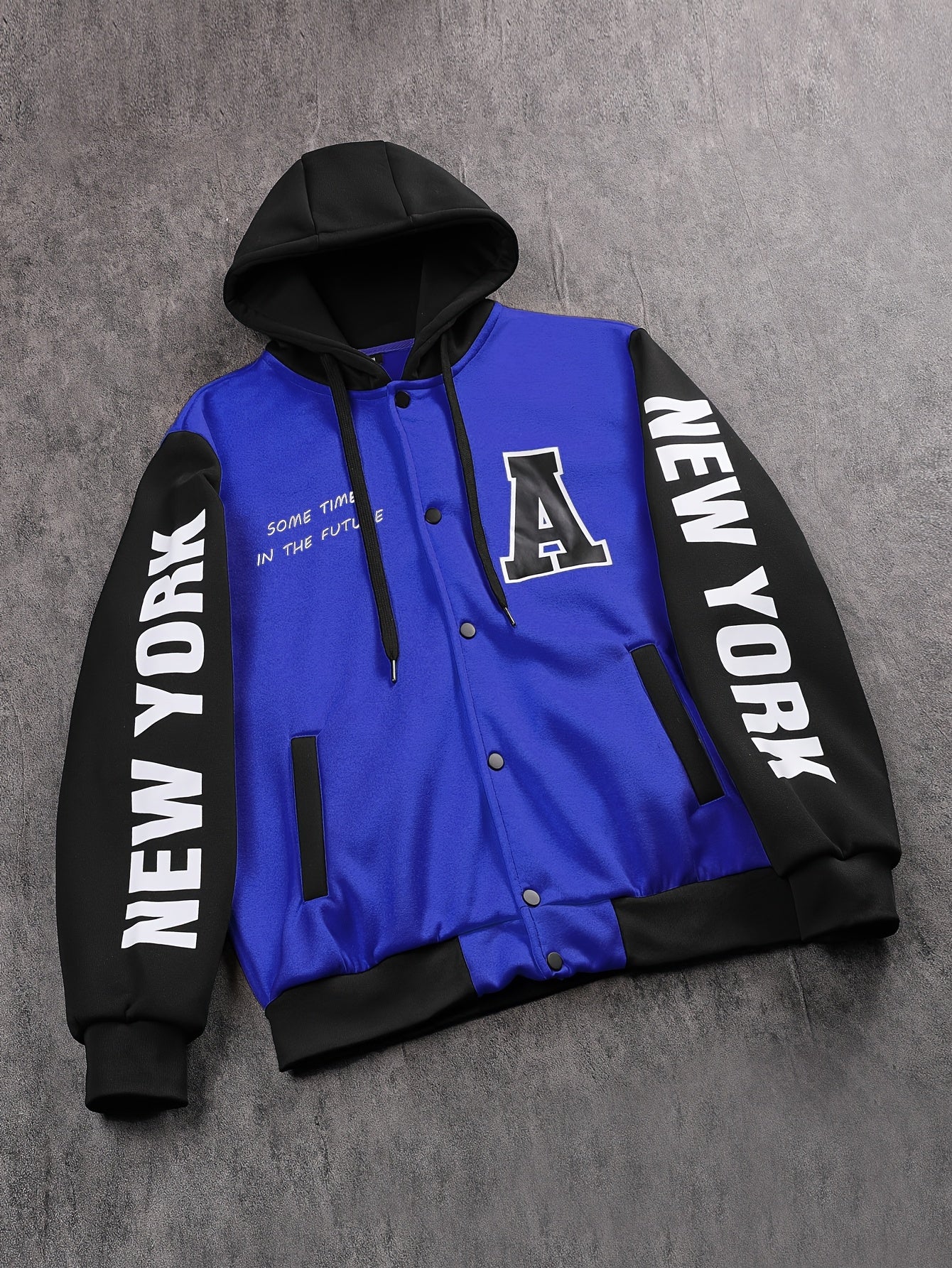 1pc Men'S Casual Knit Fabric Hooded Jacket with Letter Print, Long Sleeve, Snap Closure, Pocket Detail, No Lining - Daily & Casual Wear Baseball Style Hoodie