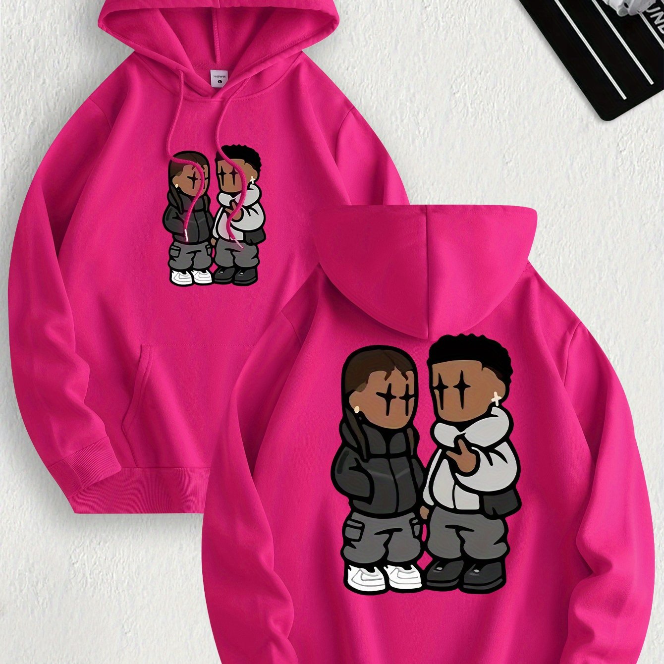 Men's Trendy Hoodie with Fleece-Lined Kangaroo Pocket - Casual & Comfortable, Cartoon Print Pullover Sweatshirt, K-pop, Fashion Design, Leisure Style, Conventional Version, ALL/Global/All