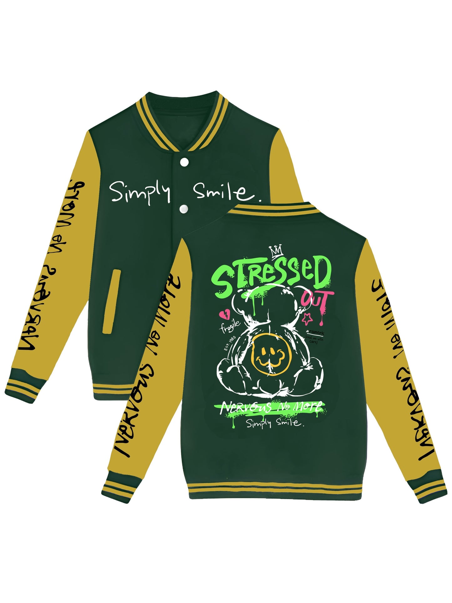Men's Trendy Bear-Themed Varsity Jacket - Lightweight, Warm Fleece-Lined Baseball Coat with Pockets, Machine Washable
