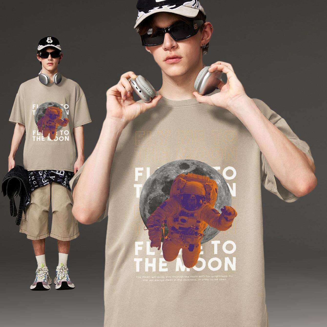 PRIVATHINKER Men's "Fly Me to The Moon" Graphic Tee - 100% Cotton, Oversized & Lightweight, Casual Summer Streetwear with Astronaut & Moon Design, Short Sleeve, Round Neck