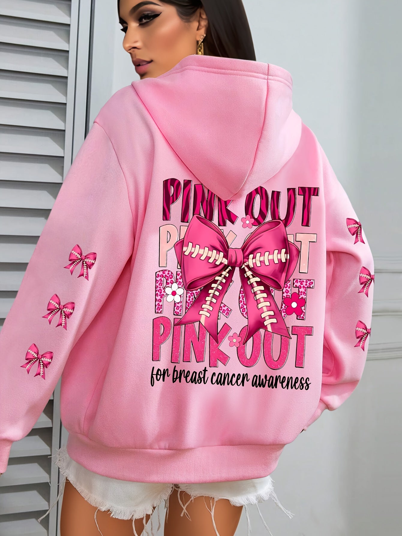 Women'S Plus Size Hoodie with Pink Ribbon Bowknot Print, Casual Long Sleeve Pullover with Pocket, 100% Polyester Knit Fabric, Slight Stretch, Fall/Winter Hooded Sweatshirt, Breast Cancer Awareness Design
