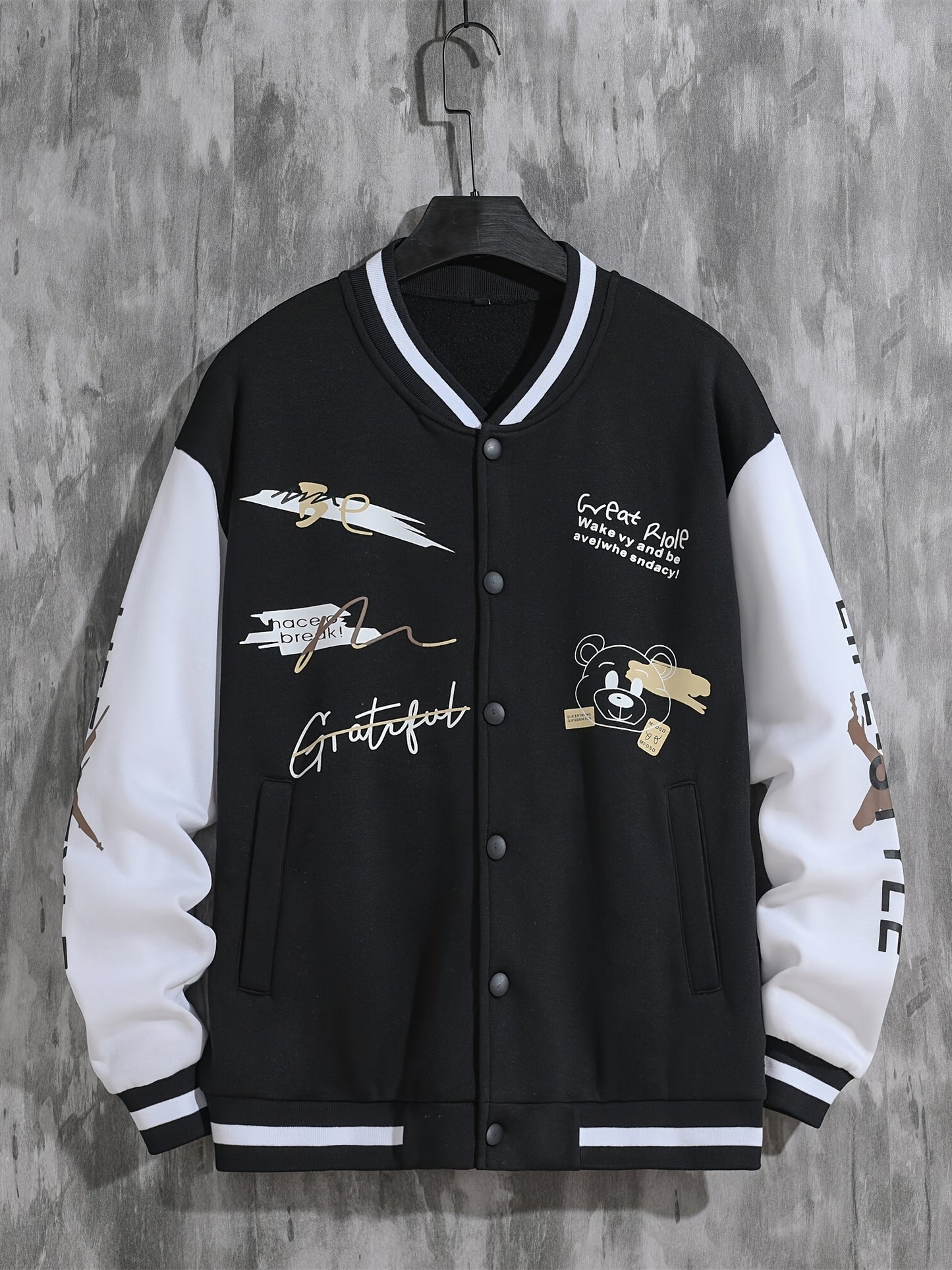 Men'S Casual Baseball Jacket, Polyester 100% Knit Fabric, Long Sleeve with Alphabet Pattern, Regular Length, Button Closure, Baseball Collar, Single Breasted Placket, Loose Fit, 200g/m² Weight - Spring/Fall Fashion