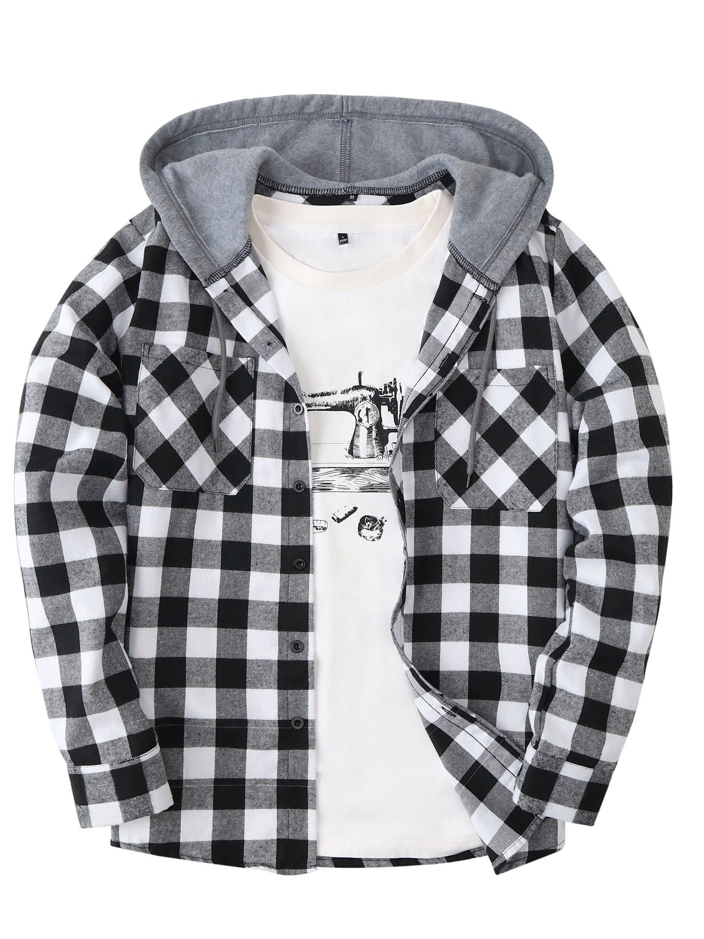 Fashionable Design Men's Plaid Pattern Hooded Long Sleeve And Button Up Shirt Jacket With Pockets, Chic And Trendy Hoodie Jacket For Outdoors Leisurewear