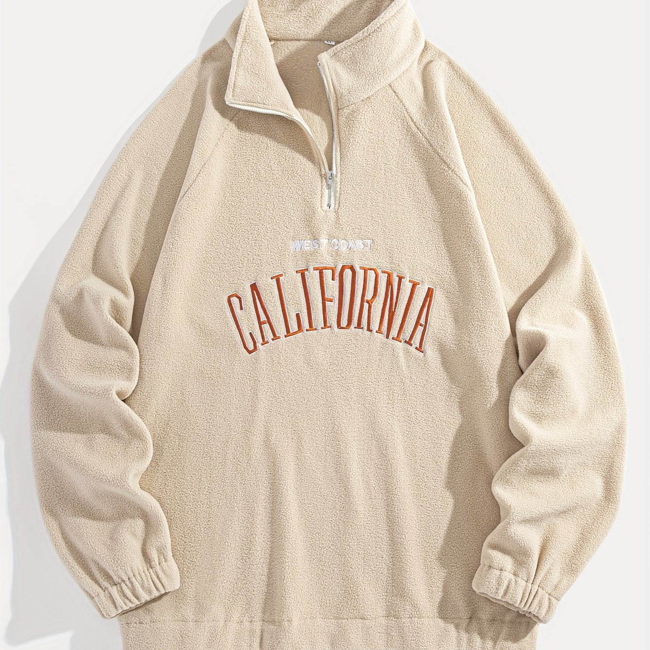 Men's Embroidered Fleece Pullover Sweatshirt with Quarter-Zip Stand Collar - Casual Long Sleeve, Polyester Blend
