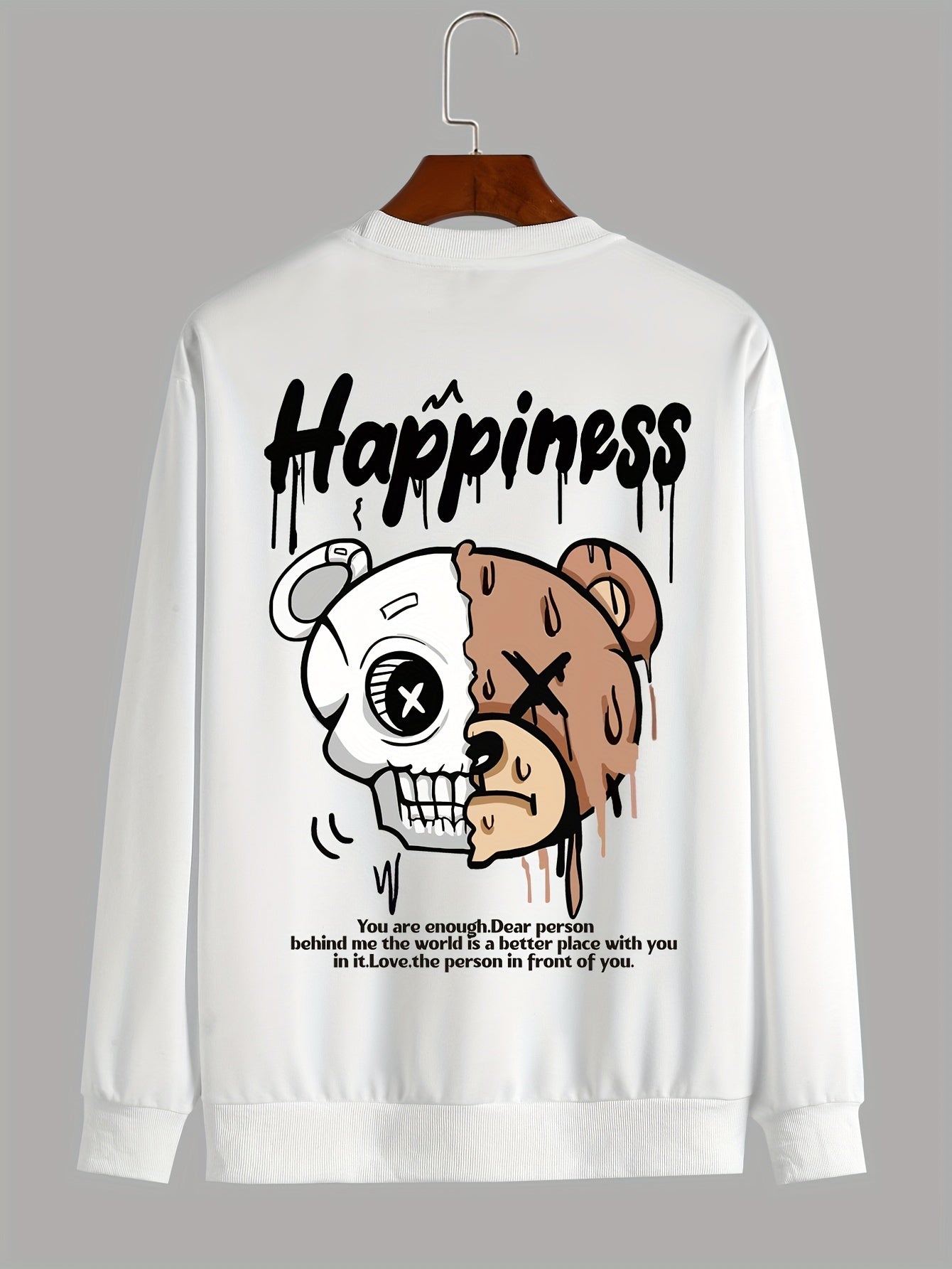 Melted Skull Bear Printed Men's Crew Neck And Long Sleeve Sweatshirt, Casual Style, Breathable, Comfortable, Stylish Street Fashion Pullover Sweatshirt