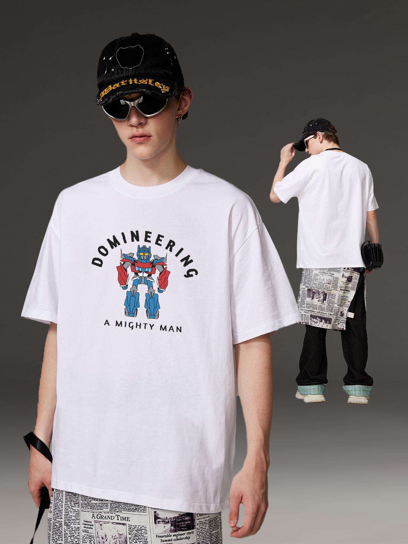 PRIVATHINKER "Domineering A Mighty for Man" Graphic Tee - 100% Cotton, Oversized Casual Hip Hop Style, Short Sleeve T-Shirt with Robot Print, Summer Streetwear for Men and Women
