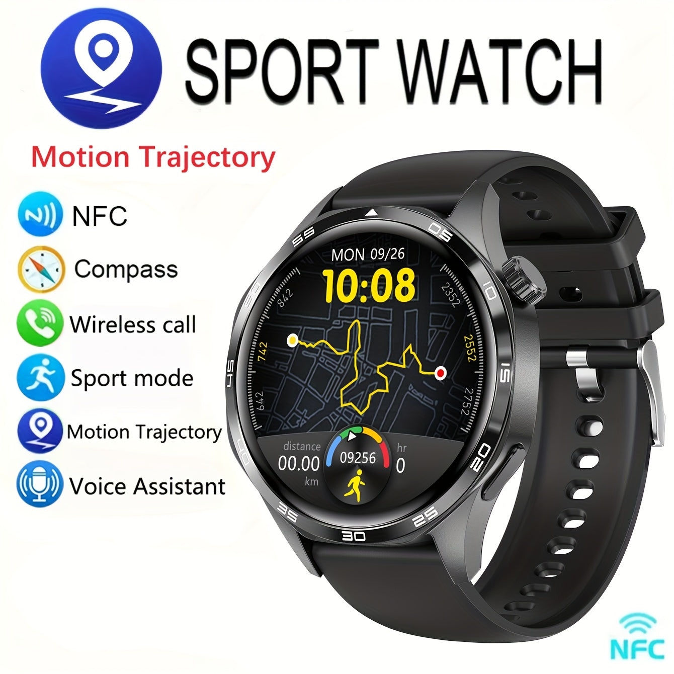 New Watch 5 Pro Smartwatch With 1.53-inch High-definition Screen, Voice Calling, Wireless Calling, NFC Access Control, Outdoor Sports Trajectory Smartwatch With Voice Assistant, Compass, Pedometer, Suitable For Android/iPhone