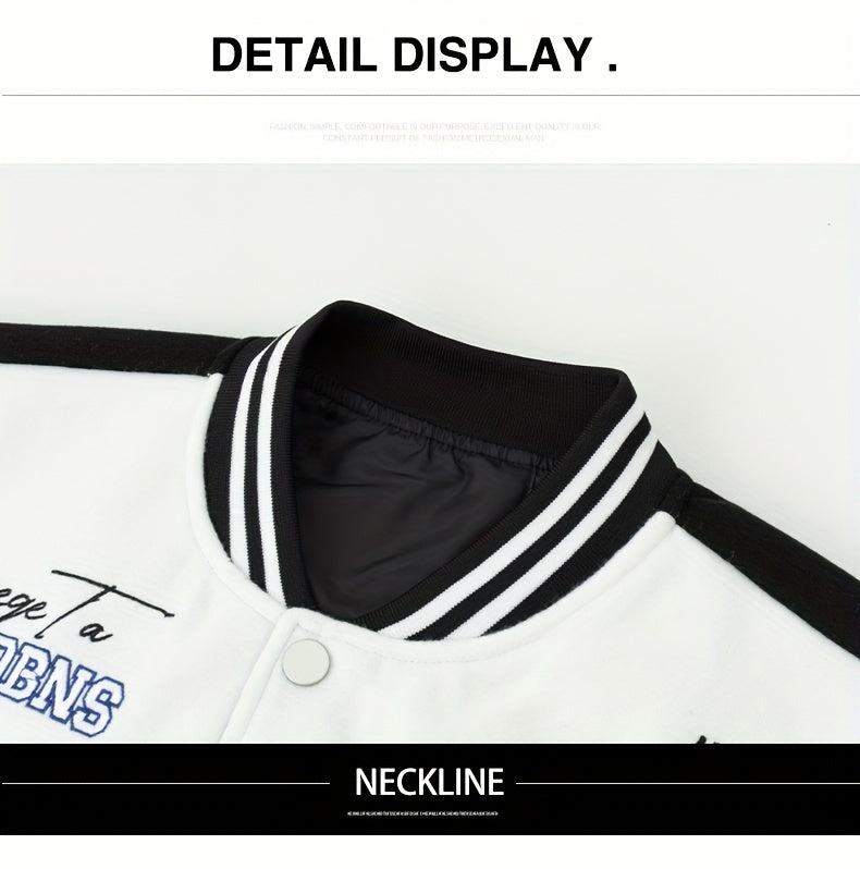 Men'S Daily Patchwork Polyester Varsity Jacket Stylish Retro Embroidered Long Sleeve Baseball Coats Casual Unisex Loose Outdoor Outerwear