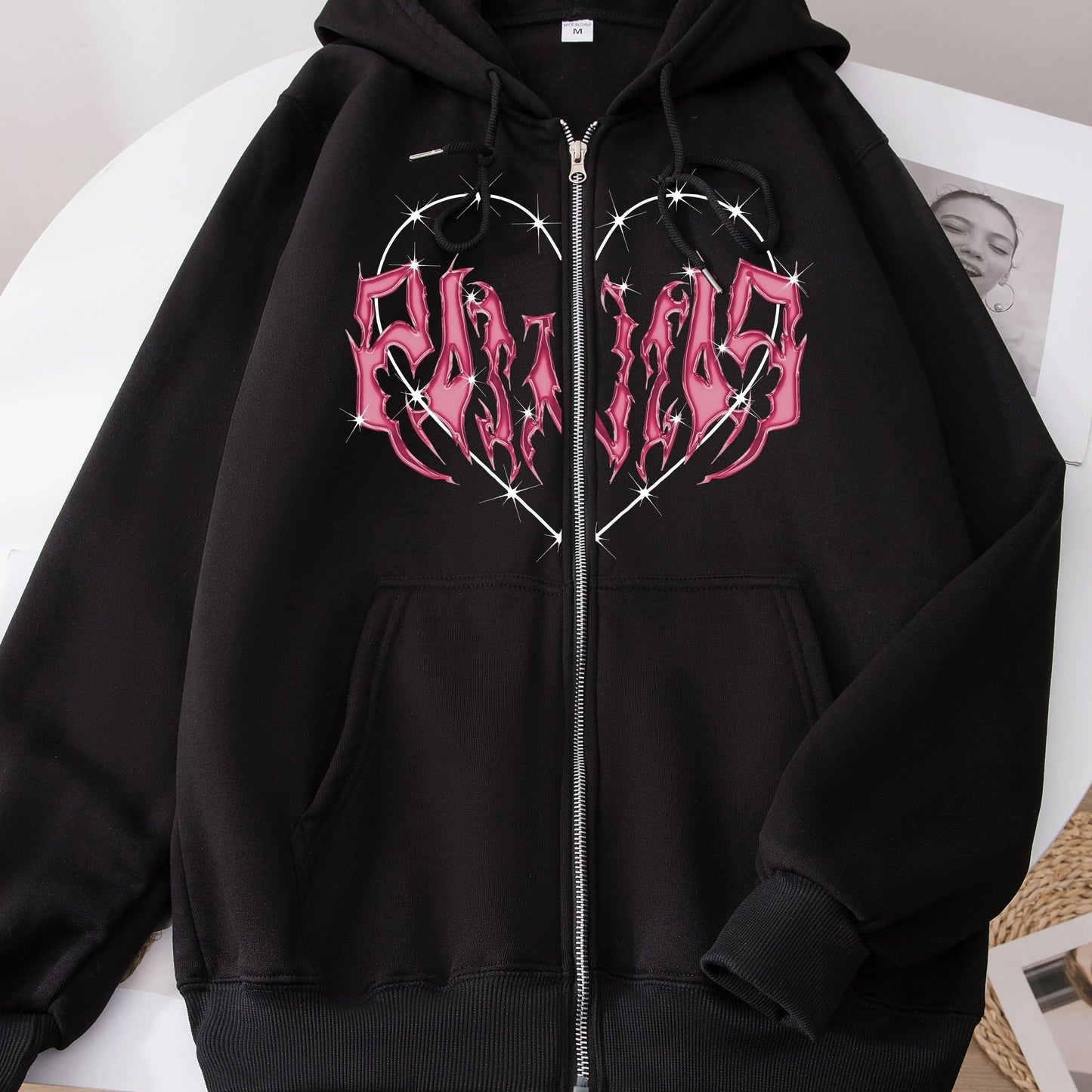 Heart Graphic Long Sleeve Zip Up Drawstring Hoodie, Stylish Pockets Loose Letter Print Sweatshirt, Women's Clothing