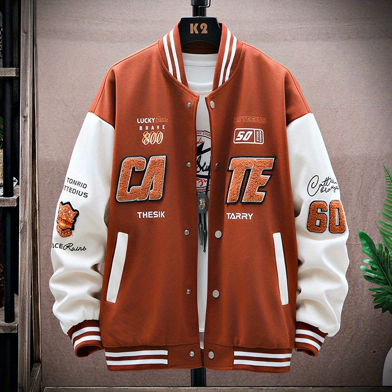 Letters Print Preppy Varsity Jacket, Men's Casual Long Sleeve Striped Button Down Baseball Jacket With Pockets For Winter Fall