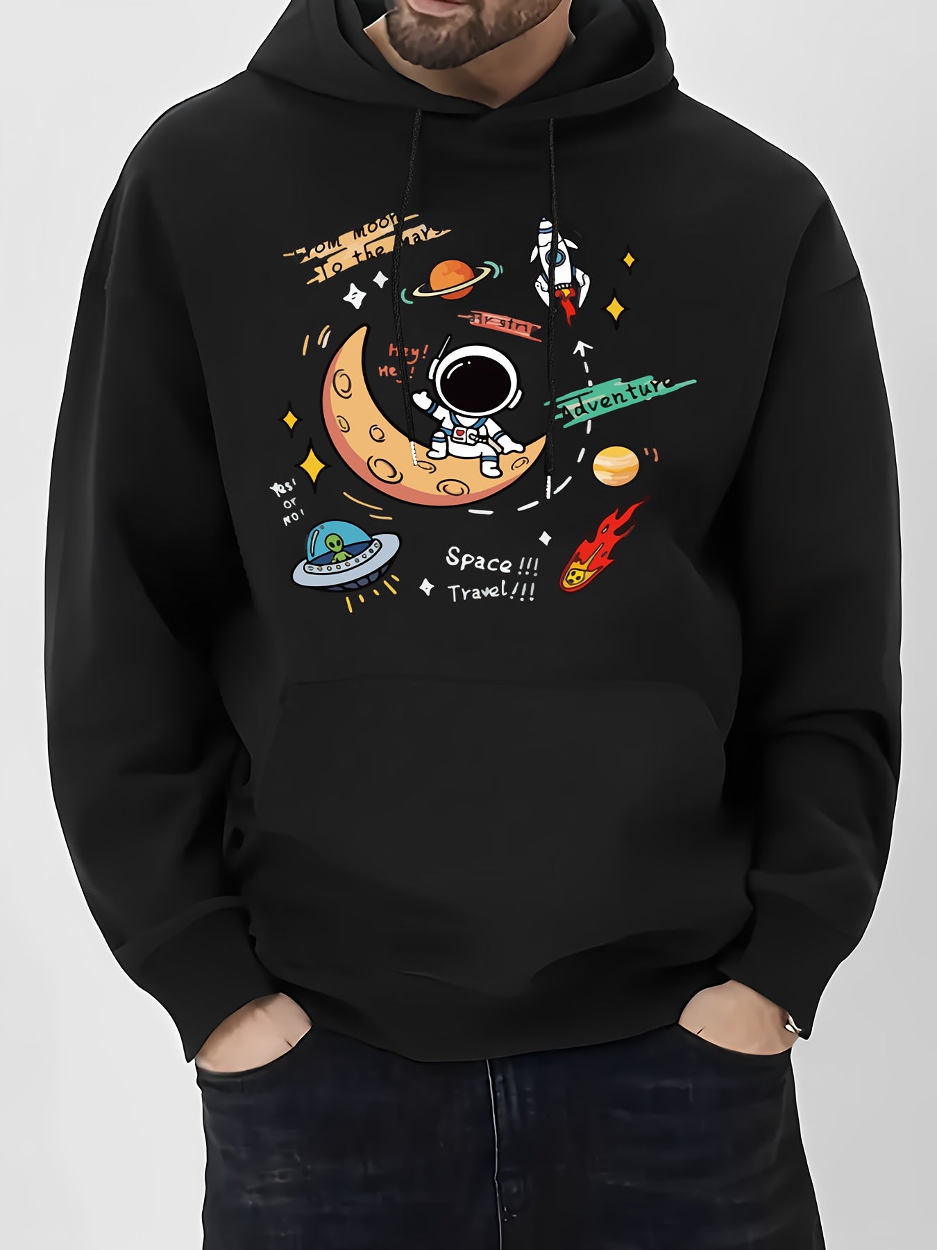 Men's Space Explorer Hoodie - Casual & Comfy Polyester Drawstring Sweatshirt with Astronaut & Planets Design, Perfect for Fall/Winter, Astronaut Decor